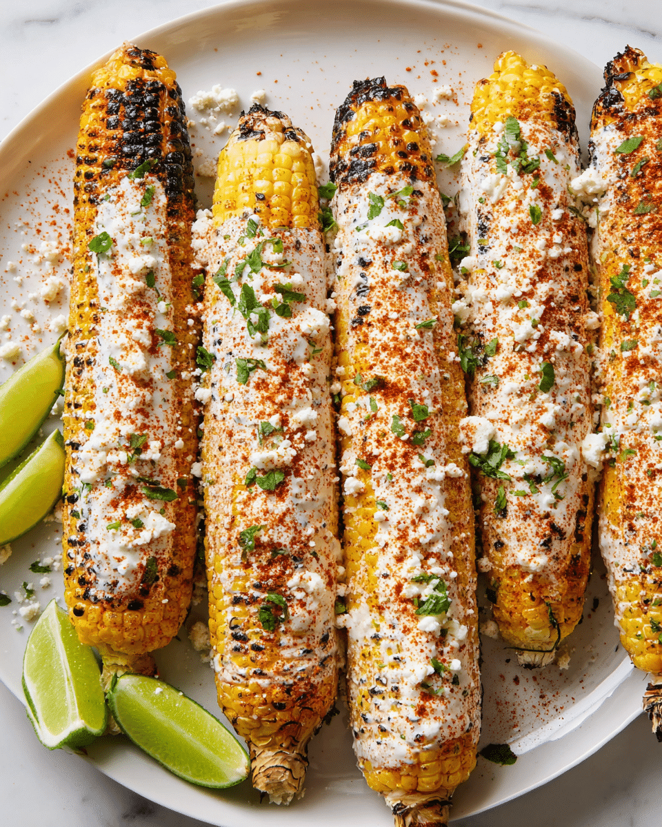 Six grilled corn ears with light brown char marks are lined up on a white plate over a white marbled surface. Each corn has a thick layer of creamy white sauce spread unevenly, topped with small white crumbly cheese and sprinkled with reddish-orange chili powder. Small green chopped herbs are scattered on and around the corn, and there are three bright green lime wedges placed near the bottom left corner of the plate. photo taken with an iphone --ar 4:5 --v 7