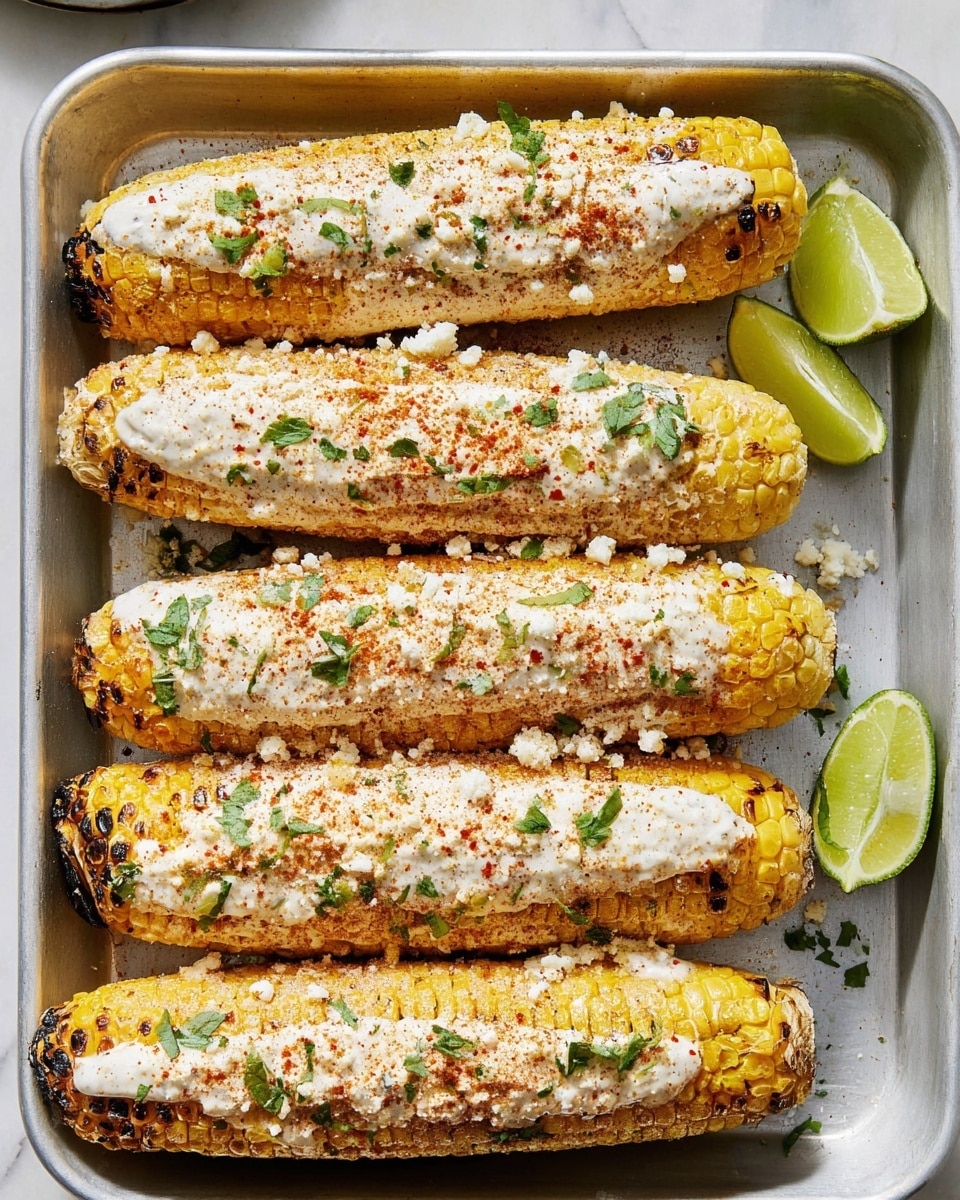 The image shows five grilled corn cobs placed side by side in a metal baking tray on a white marbled surface. Each corn cob has a yellow and slightly charred surface, topped with a creamy white sauce evenly spread on top. There are crumbled white cheese bits sprinkled over the sauce, along with a dusting of reddish seasoning. Small green herb leaves are scattered on top and around the corn, adding a fresh touch. Two lime wedges, one light green and the other darker green, are placed near the top right corner of the tray. photo taken with an iphone --ar 4:5 --v 7