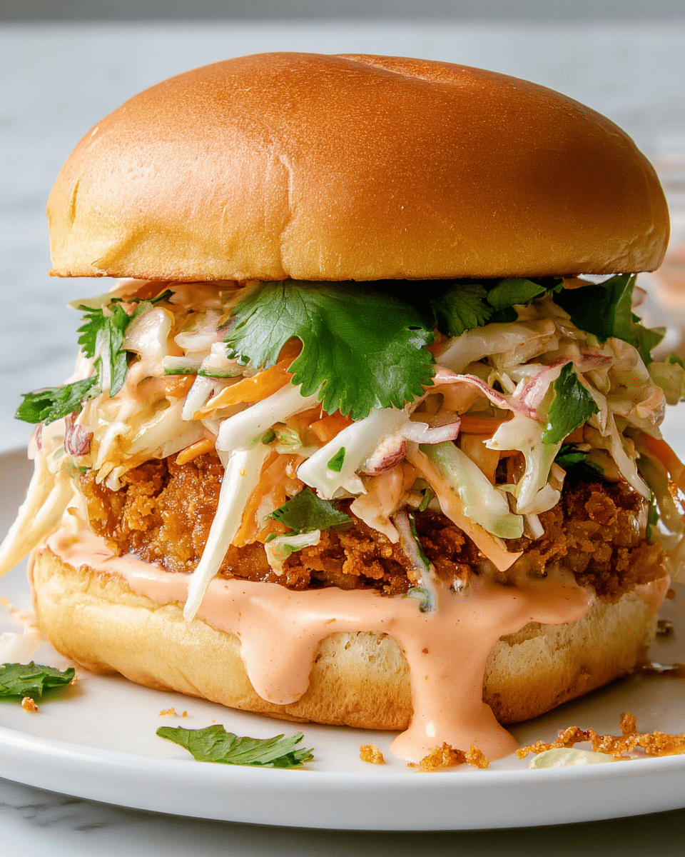 A close-up view of a sandwich with four main layers: the top layer is a soft, golden-brown bun with a smooth, slightly glossy texture; below it is a layer of shredded cabbage and carrot slaw mixed with fresh green cilantro leaves, showing a mix of creamy white, bright orange, and vibrant green colors; underneath the slaw is a large, crispy fried patty with a rough, crunchy texture and deep golden color; the bottom layer is covered with a thick spread of pinkish-orange creamy sauce that slightly drips over the edges of the soft toasted bun base, all sitting on a white plate placed on a white marbled surface with some stray slaw and sauce around the sandwich. photo taken with an iphone --ar 4:5 --v 7