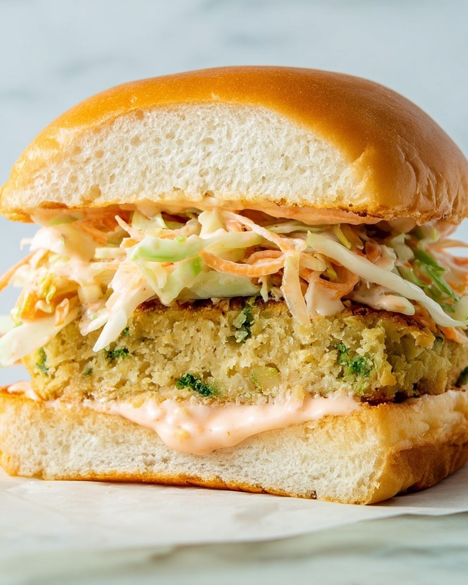 A close-up view of a sandwich with four layers: the top layer is a soft, golden-brown bun with a light airy texture, below it is a colorful mix of shredded cabbage and carrots with a creamy texture, next is a thick, light green veggie patty with bits of greens visible inside, and the bottom layer is a white bun spread with a light pink sauce that looks creamy and smooth. The sandwich is placed on white parchment paper, set against a white marbled surface. photo taken with an iphone --ar 4:5 --v 7