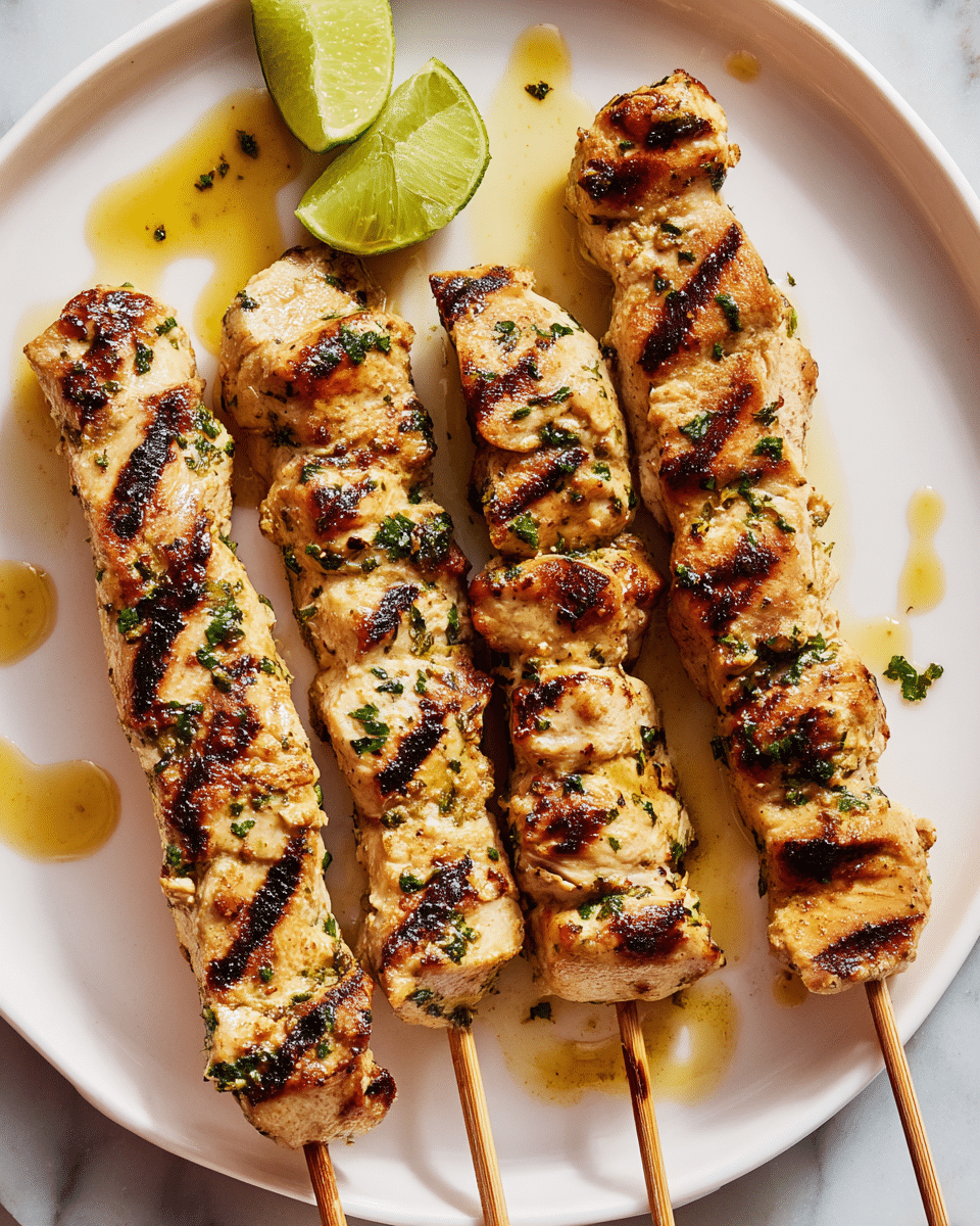 Four grilled chicken skewers with visible char marks and scattered small green herb pieces lay on a white plate. Each skewer has multiple plump, golden-brown chicken pieces stacked evenly on a wooden stick. A wedge of bright green lime is placed near the top left side of the plate, with small pools of yellowish oil or sauce around the chicken pieces, glistening under light. The plate is set on a white marbled textured surface. photo taken with an iphone --ar 4:5 --v 7