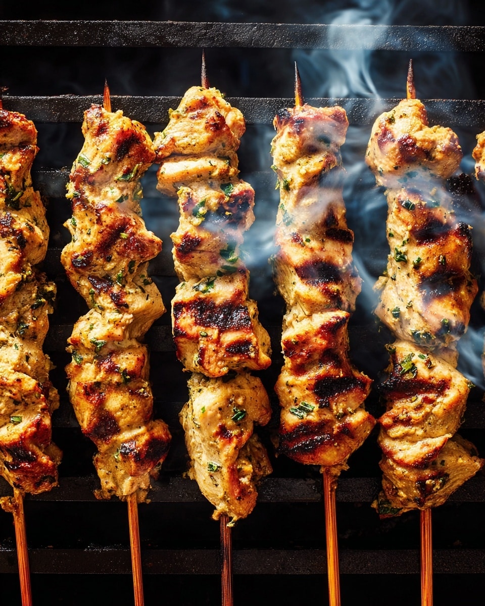 This image shows five wooden skewers of grilled chicken pieces lined up horizontally on a dark grill with visible grill marks on each piece. The chicken chunks are golden brown with some darker charred spots, and small bits of green herbs are mixed in the meat. Thin wisps of smoke rise around the skewers, adding a fresh grilling atmosphere. The texture of the chicken looks tender and juicy, with clear lines from the grill pressing into the meat. photo taken with an iphone --ar 4:5 --v 7