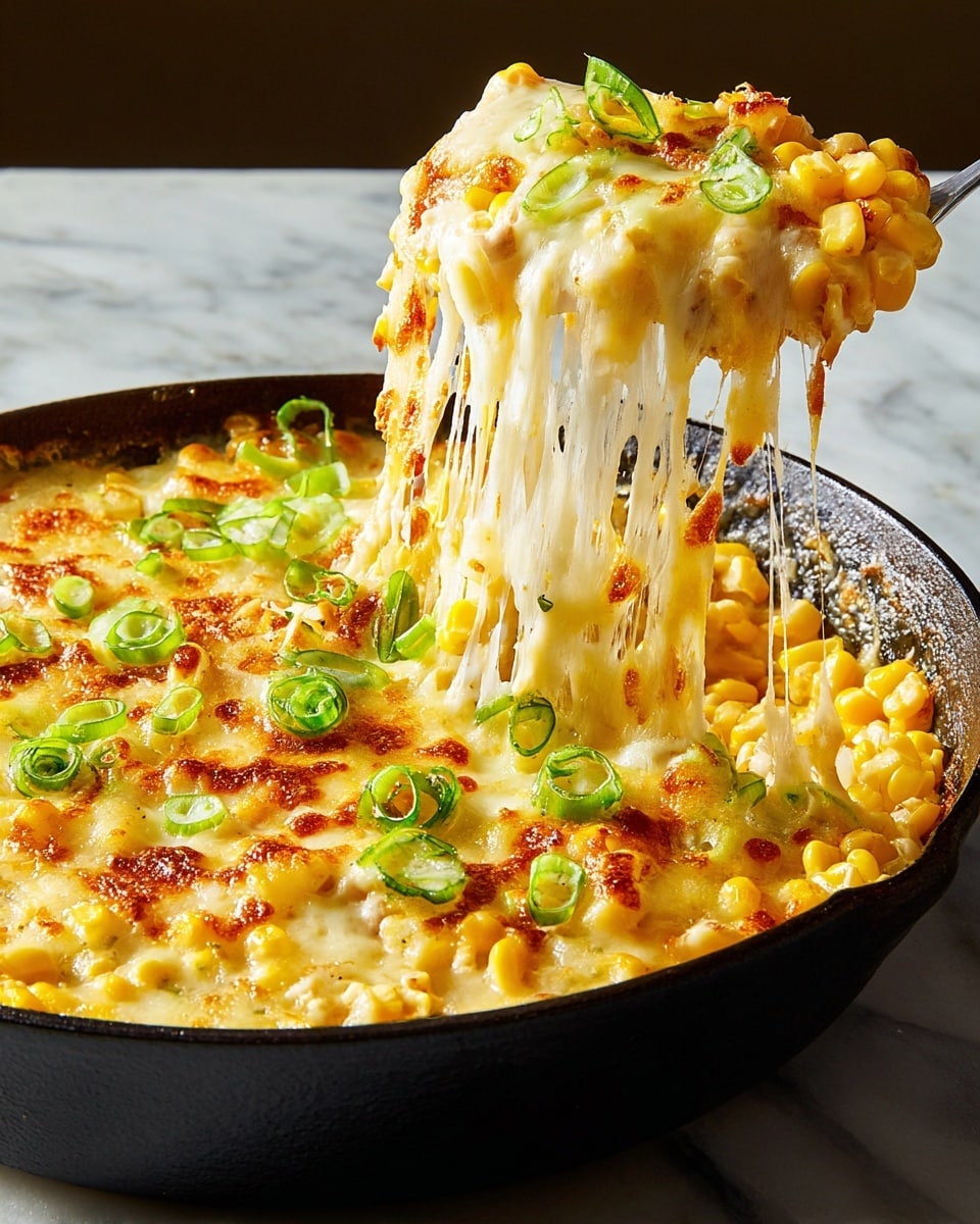 A black skillet contains a dish with two main layers: the bottom layer has bright yellow corn kernels mixed evenly, and the top layer is melted, golden-brown cheese with a bubbly, stretchy texture being lifted, showing long cheese pulls. Green slices of scallions are scattered on the cheese top, adding a fresh green color contrast. The skillet is placed on a white marbled surface. photo taken with an iphone --ar 4:5 --v 7