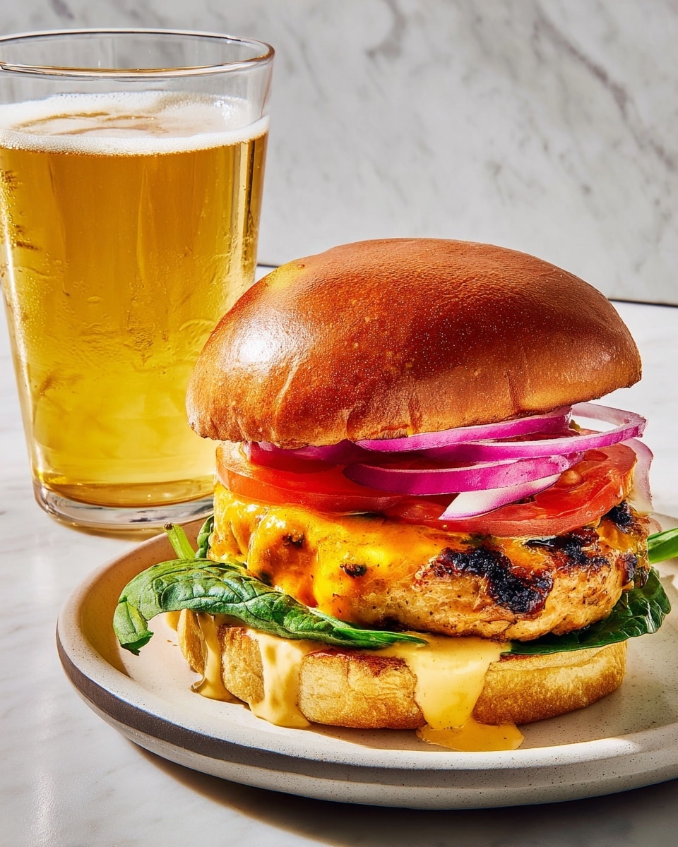 A chicken burger is placed on a round white plate on a white marbled surface. The burger has four layers: the bottom layer is a soft, golden toasted bun with drips of creamy yellow sauce around its edges. Above it are fresh, bright green spinach leaves, followed by a thick grilled chicken patty with melted orange cheese covering its top, showing some charred spots. Above the cheese are slices of purple-red onion and a slice of red tomato with a spread of sauce under the top bun, which is shiny and golden brown. Behind the burger, there is a clear glass filled with light golden beer with a foamy head. photo taken with an iphone --ar 4:5 --v 7