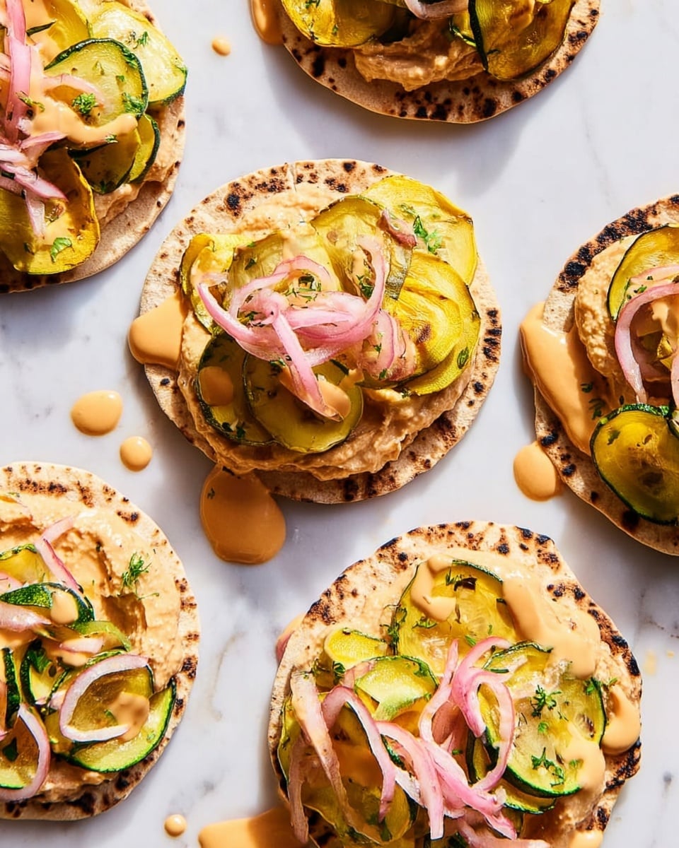 The image shows six small round toasted flatbreads placed on a white marbled surface, each topped with three layers. The bottom layer is a light brown creamy spread, followed by roasted yellow and green zucchini slices arranged in a slightly overlapping manner. On top, there are thin, curly strands of pale pink pickled onions scattered lightly over the vegetables. A smooth, orange creamy sauce is drizzled generously over each flatbread, with some drips visible on the surface around them. The flatbreads have a slightly charred texture, giving a toasted look with dark brown spots. The whole scene is bright and fresh, with balanced colors and textures. photo taken with an iphone --ar 4:5 --v 7