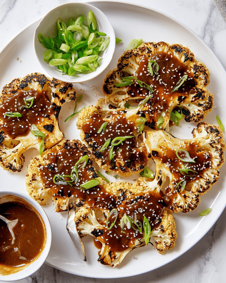 The image shows a large white plate with multiple grilled cauliflower steaks arranged on it, each slice is golden brown with char marks and coated with a thick, glossy brown sauce. Scattered on the cauliflower are small white sesame seeds and thin slices of bright green scallions. Near the top center of the plate is a small white bowl filled with fresh green scallion slices. In the bottom left corner of the plate, there is another small white bowl containing more of the brown sauce with a silver spoon resting inside. The background is a smooth white marbled surface. Photo taken with an iphone --ar 4:5 --v 7