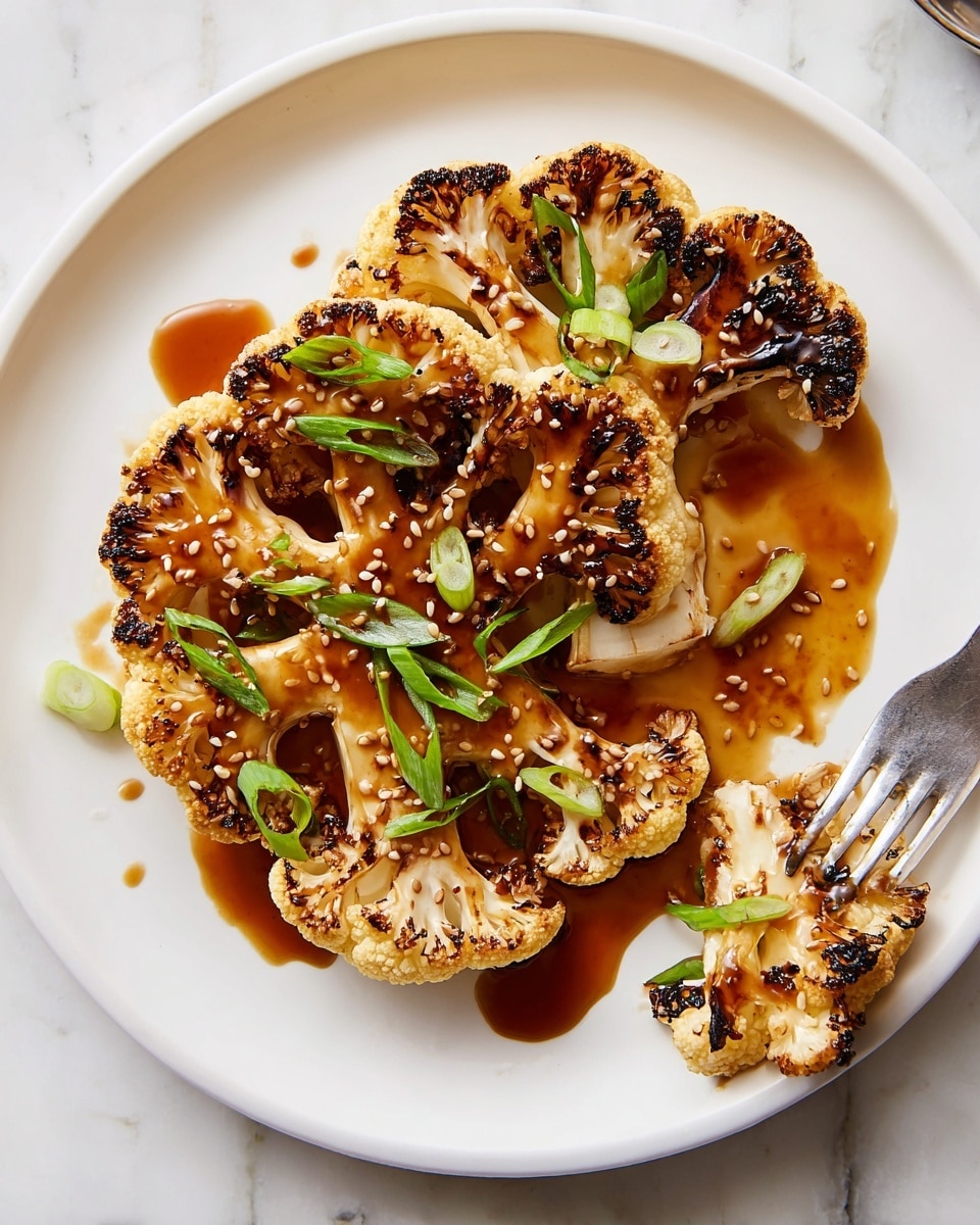 The image shows two thick slices of grilled cauliflower on a white plate, each slice light golden with dark char marks and a glossy brown sauce drizzled over the top. The sauce pools slightly around the cauliflower and is sprinkled with toasted sesame seeds. Scattered green onion slices add a fresh pop of color over the dish. A silver fork rests on the bottom right of the plate, holding a small piece of cauliflower. The background is a white marbled texture. photo taken with an iphone --ar 4:5 --v 7