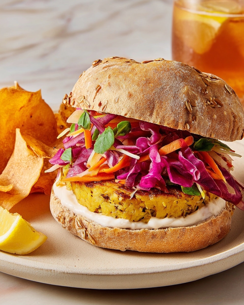 A sandwich sits on a white plate with a white marbled surface background, made with a multigrain bun topped with oats and seeds. The bottom bun layer spreads a white creamy sauce, followed by a thick yellow grilled patty with visible seasoning. Above the patty, there is a colorful slaw made of shredded purple cabbage, thin orange carrot strips, and green leafy herbs, spilling slightly out of the bun. The top bun covers the slaw, slightly tilted, showing the layers inside. On the plate beside the sandwich are crispy, golden-brown vegetable chips and a small wedge of lemon. A glass of iced tea is faintly visible in the background. Photo taken with an iphone --ar 4:5 --v 7