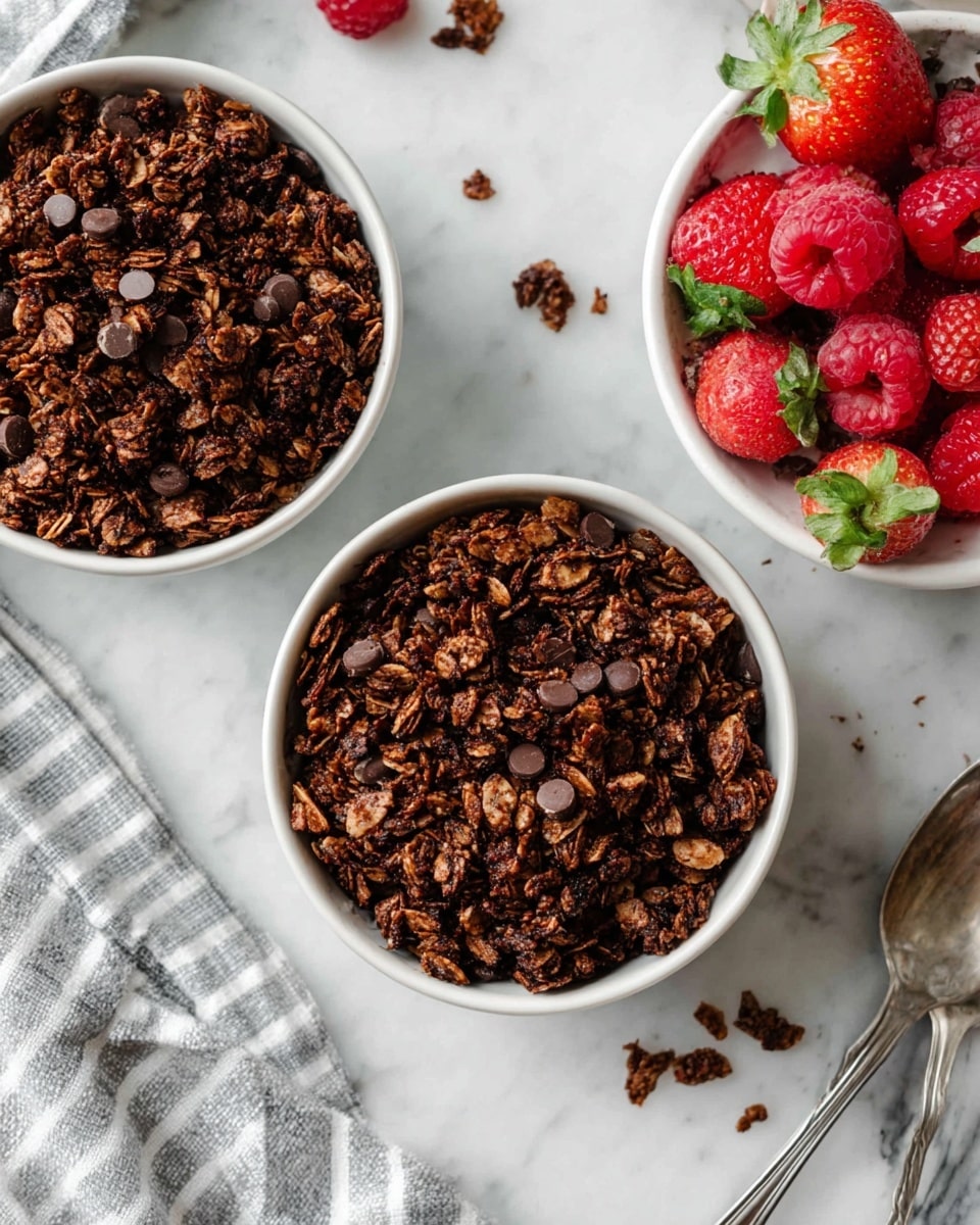Two white bowls filled with dark brown chocolate granola mixed with small dark chocolate chips, showing a crunchy and textured surface. To the left, a white bowl with a scalloped edge contains bright red raspberries and strawberries with green leaves, adding a fresh contrast of colors. The bowls are placed on a white marbled surface with a gray and white checkered cloth and two silver spoons nearby. Scattered granola clusters add a casual touch to the scene. Photo taken with an iphone --ar 4:5 --v 7