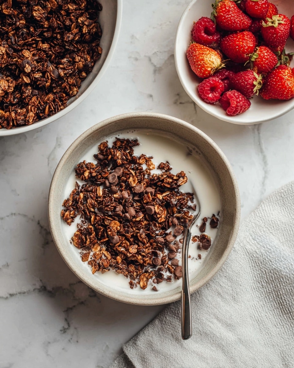 A white bowl filled with white milk at the bottom, topped with a thick layer of dark brown granola mixed with chocolate chips and oats, giving a rough texture. A silver spoon rests inside the bowl on the right side, partially covered by the granola. Another white bowl filled with more granola sits in the top left corner, while in the top right corner there is a small white bowl with fresh red strawberries and raspberries. The whole setting is on a white marbled surface with a light blue and white striped cloth on the right side. Photo taken with an iphone --ar 4:5 --v 7