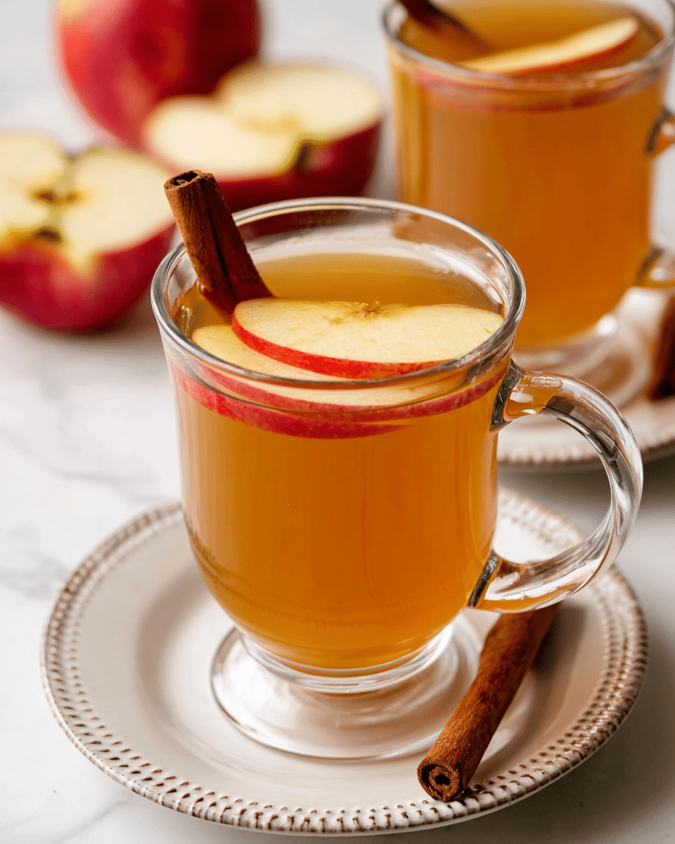 A clear glass cup with warm brown apple cider is placed on a white round plate with delicate raised dots around its edge. Inside the drink, there are two thin, light yellow apple slices with red edges floating near the surface, and one dark brown cinnamon stick standing upright. On the plate, right next to the cup, lies another cinnamon stick. In the background, there are red and yellow apples, some whole and one cut in half, set on a white marbled texture. Another similar glass cup with apple cider and apple slices is slightly out of focus behind the main cup. photo taken with an iphone --ar 4:5 --v 7