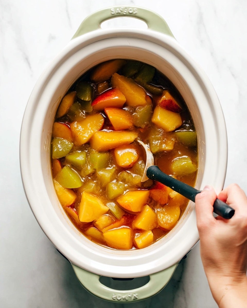 A white slow cooker filled with a mixture of peeled and chopped fruits including peaches and green citrus pieces, all soft and sitting in a light golden syrupy liquid. The fruit pieces are uneven in size, and the syrup has a slightly thick texture. A woman's hand is holding a black potato masher, mashing some of the fruit gently to blend the textures together. The background is a white marbled surface. photo taken with an iphone --ar 4:5 --v 7