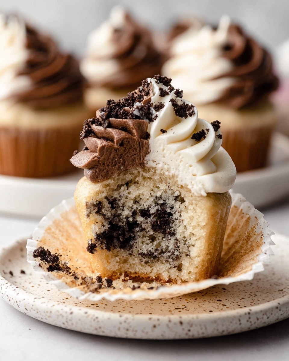 The image shows multiple cupcakes arranged in rows on a white marbled surface. Each cupcake has a light golden base with a smooth texture. On top, there is a thick swirl of frosting divided into two halves: one half is creamy white, and the other half is rich dark brown chocolate. The swirls are neatly piped creating a ridged texture. Small dark chocolate cookie crumbs are sprinkled evenly over the frosting, adding contrast and detail to the tops of the cupcakes. photo taken with an iphone --ar 4:5 --v 7