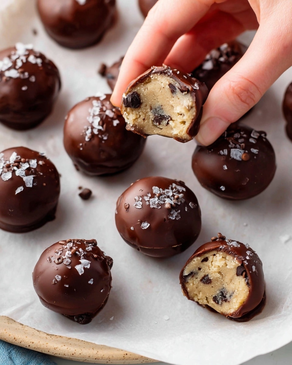 The image shows round chocolate balls covered in smooth, dark chocolate with a glossy finish. Each ball is topped with small, thin chocolate sprinkles and a sprinkling of coarse sea salt. The chocolate balls are placed on white parchment paper on a tray with a white marbled surface underneath. One ball is held between the fingertips of a woman's hand, showing the inside layer, which reveals a soft, light beige cookie dough center with visible small dark chocolate chips. One chocolate ball lies on the parchment paper with a bite taken out, also showing the cookie dough center. Photo taken with an iphone --ar 4:5 --v 7