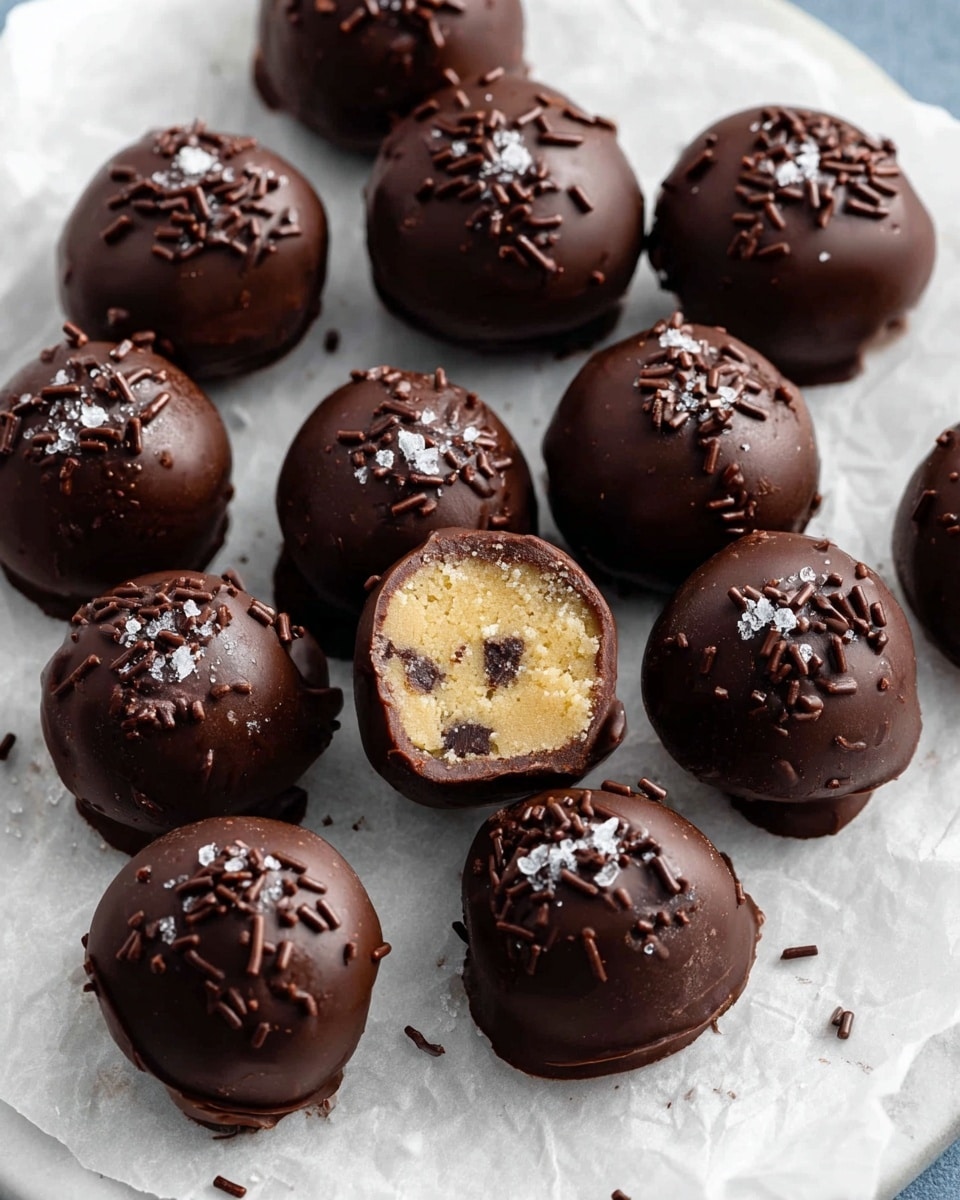 A group of round chocolate-covered treats spread out on a white parchment paper on a white marbled surface. Each treat has a smooth, glossy dark chocolate outer layer topped with small chocolate sprinkles and a light sprinkle of coarse salt. Two of the treats are bitten, showing the inside layers: a light, creamy center with small dark chocolate chips embedded inside. The chocolate shell is thick and evenly covers the creamy center. photo taken with an iphone --ar 4:5 --v 7