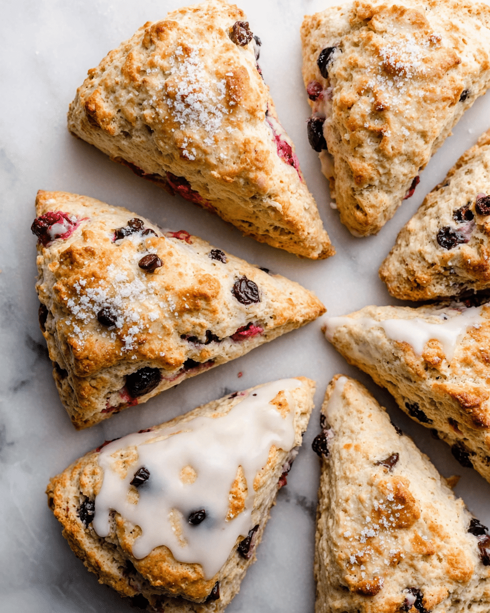 A close-up top view of seven triangular scones arranged in a circle on a white marbled texture. Each scone has a golden-brown rough crust with visible baked berries inside, including blueberries and red berries. Three scones are drizzled with white icing in uneven streaks, while one scone is sprinkled with powdered sugar, showing a lighter golden color with small dark chocolate-like chips. The scones have a crumbly texture, and the overall look is warm and inviting. Photo taken with an iphone --ar 4:5 --v 7