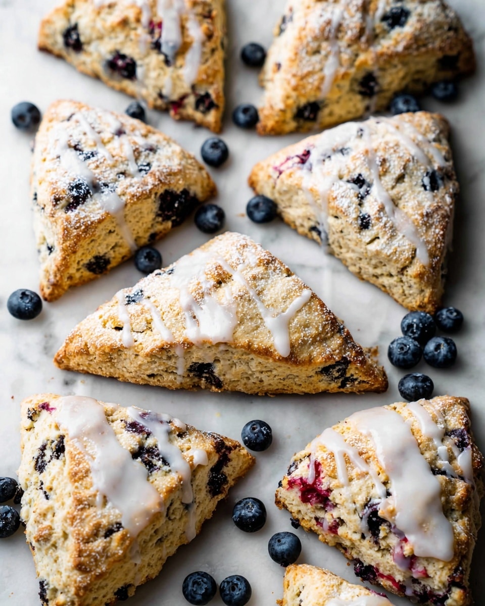 A group of golden brown scones arranged close to each other on a white marbled surface, each scone cut into a neat triangle shape with slightly rough and crumbly texture. The scones have visible blueberries scattered inside, some bursting and creating deep purple spots. Several scones are drizzled with a shiny white glaze that contrasts against the moist, crumbly dough. A few of the scones are dusted with a light sprinkling of sugar. Around the scones, a few fresh blueberries add a natural, fresh touch to the scene. The overall look is warm and inviting, with the scones showing a mix of soft interior and crunchy tops photo taken with an iphone --ar 4:5 --v 7