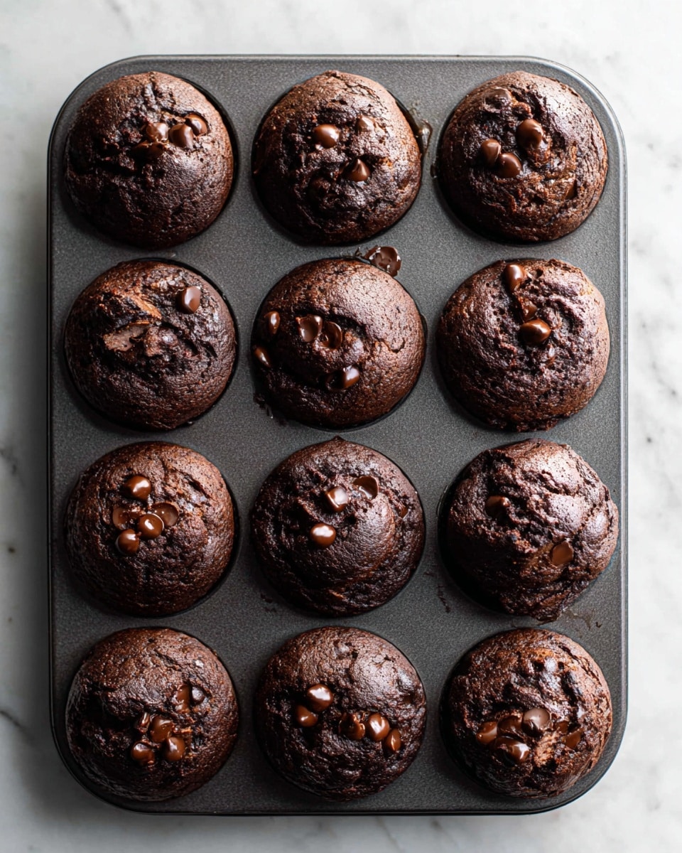 The image shows nine dark chocolate muffins in a dark metal muffin tray placed on a white marbled surface. Each muffin has a rough, slightly cracked top layer with a rich, deep brown color, dotted with semi-melted chocolate chips that add shiny and smooth texture spots. The muffins are thick with rounded tops, arranged closely in three rows of three. The lighting creates a soft shadow around the muffins, highlighting their moist and dense texture. photo taken with an iphone --ar 4:5 --v 7