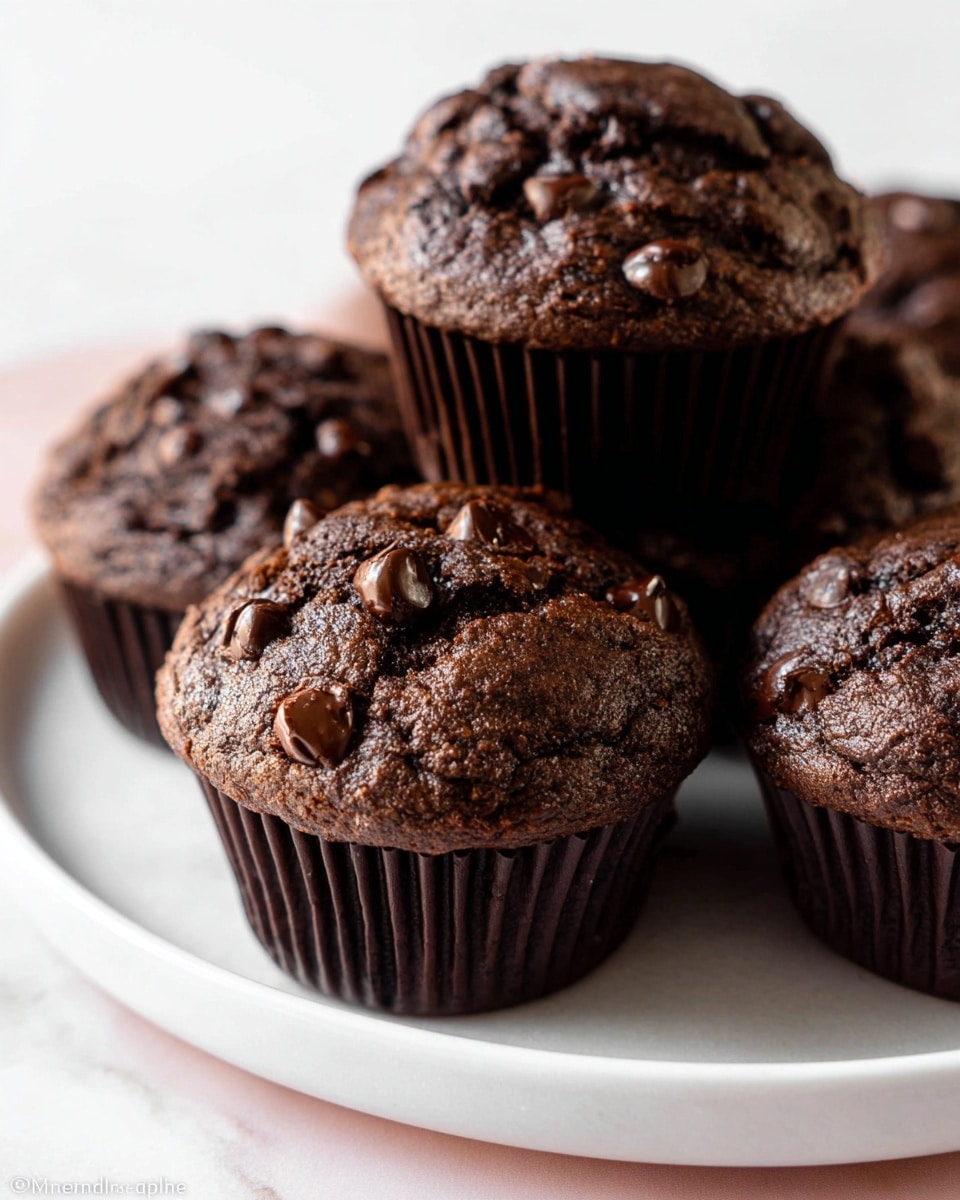 A close-up view of several chocolate muffins with a rough, cracked texture and embedded chocolate chips on top. Each muffin has a dark brown, almost black, color indicating rich chocolate flavor. The muffins sit closely together on a smooth white plate with gentle curves, placed on top of a white marbled surface. The background is simple and white, putting full focus on the muffins photo taken with an iphone --ar 4:5 --v 7