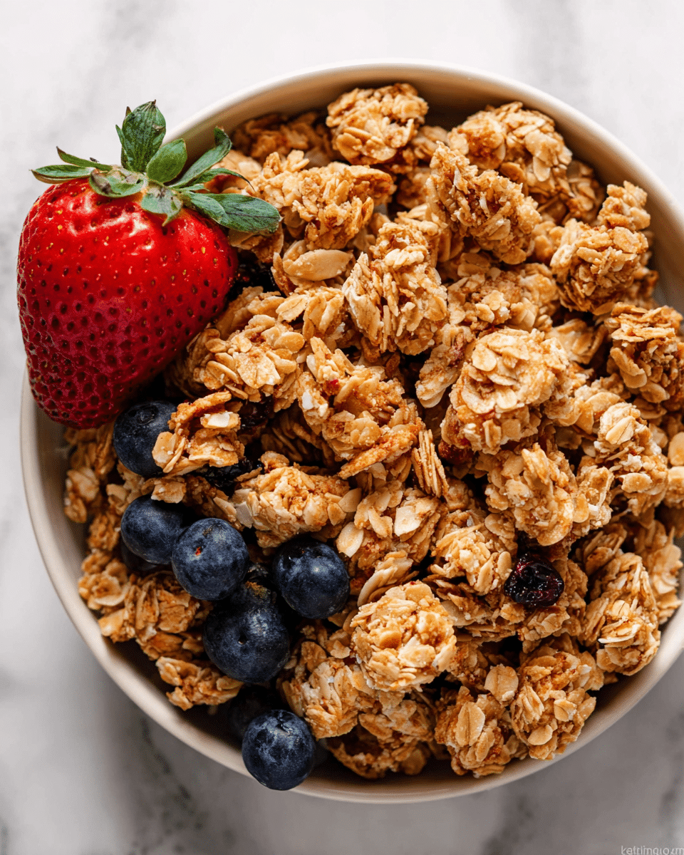 A close-up view of a white bowl filled with chunky, light brown granola clusters made of oats and nuts. The granola pieces have a rough texture and are unevenly shaped, covering the entire bowl. Scattered among the granola chunks are a few deep blue blueberries, and a bright red strawberry with green leaves sits on the edge of the bowl. The bowl is placed on a white marbled surface, creating a clean and fresh look. photo taken with an iphone --ar 4:5 --v 7