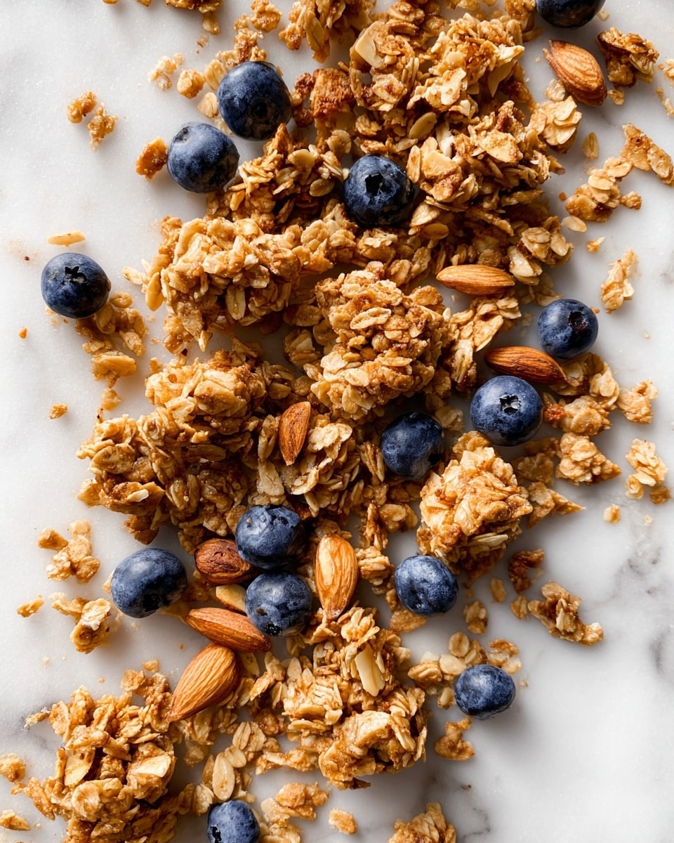 The image shows a close-up of many small clusters of granola scattered across a white marbled surface. The granola pieces are light brown with visible oats and almond slices, giving them a rough and crunchy texture. Mixed in with the granola are whole fresh blueberries, adding a deep blue color contrast. The granola clusters vary in size but generally appear chunky and irregular in shape. Photo taken with an iphone --ar 4:5 --v 7