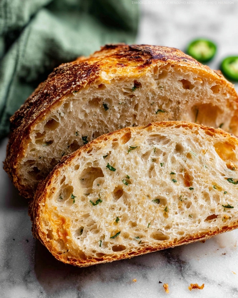 The image shows a close-up of a round bread loaf cut in half. The bread has a golden brown crust that looks crispy with some darker, slightly charred spots. Inside, the crumb is light beige with a fluffy and airy texture, filled with small holes and specks of green herbs scattered throughout. The surface under the bread is a white marbled texture, with two thin slices of green jalapeño pepper and some crumbs visible near the top right. There is a slightly wrinkled green cloth in the top left corner. photo taken with an iphone --ar 4:5 --v 7