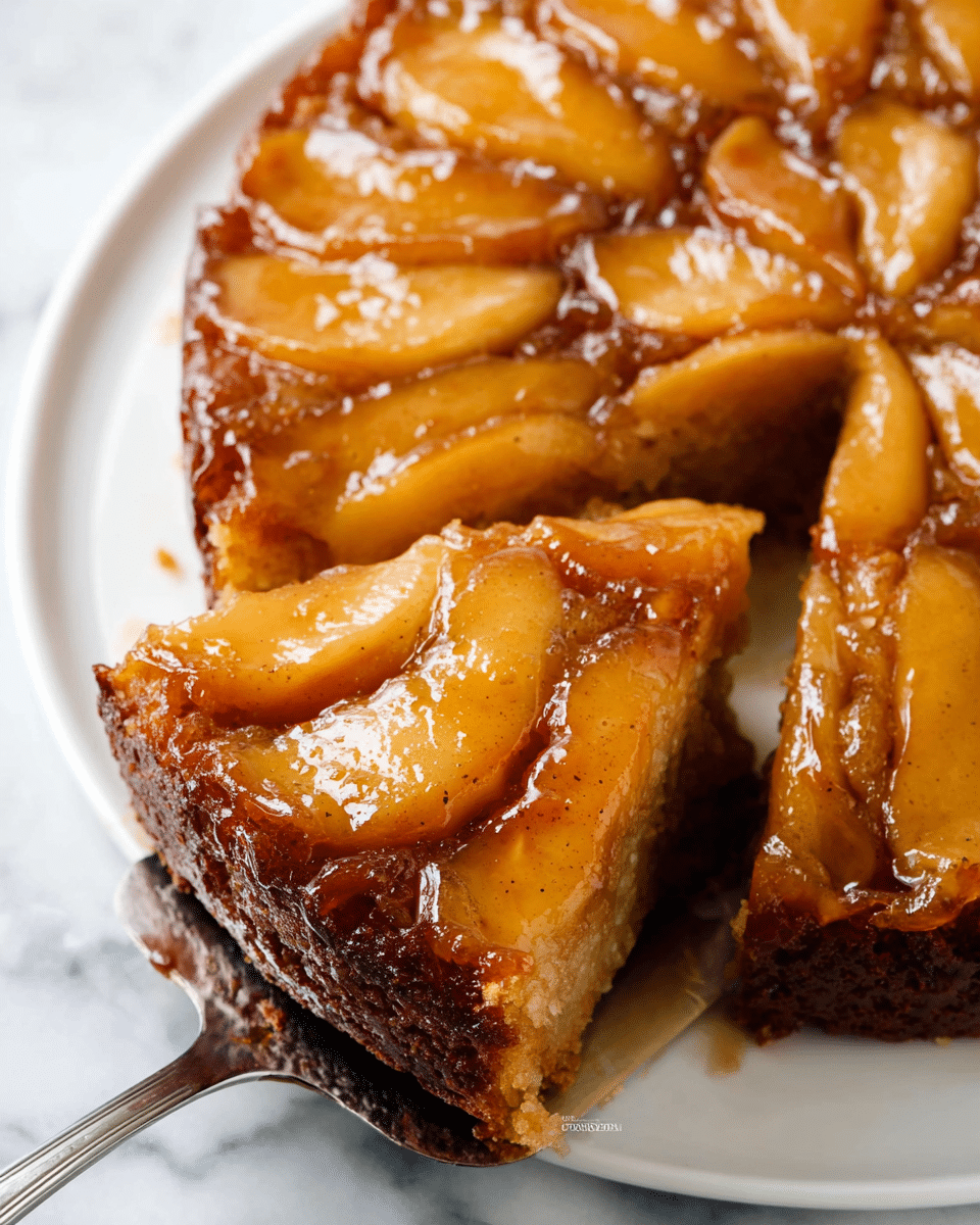 A close-up of a small round upside-down apple cake on a white plate sitting on a white marbled surface. The top layer has shiny, golden-brown apple slices covered in a sticky glaze with cinnamon specks, arranged in a flower-like pattern. Below the apples is a thick, moist-looking brown cake layer that is slightly darker around the edges. A slice is being lifted by a silver spatula, showing the contrast between the soft apple topping and the dense cake underneath. photo taken with an iphone --ar 4:5 --v 7