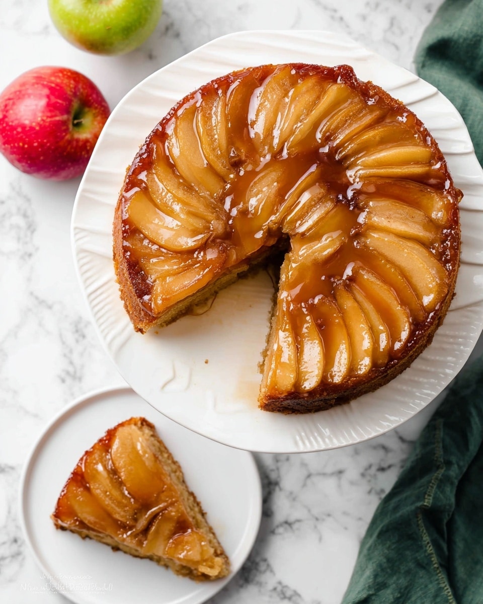 A round upside-down apple cake with a shiny caramel glaze covers the top layer of soft, golden brown apple slices arranged in a fan shape. Underneath the apple layer, there is a thick, moist, dark golden brown cake base. A slice has been cut out, showing the smooth transition between the apple topping and the dense cake below. A slice of the cake is placed on a small white plate to the left side of the main cake. The white plate holding the cake has a wavy edge, and the whole scene is on a white marbled surface with a green napkin and some whole apples nearby. Photo taken with an iphone --ar 4:5 --v 7