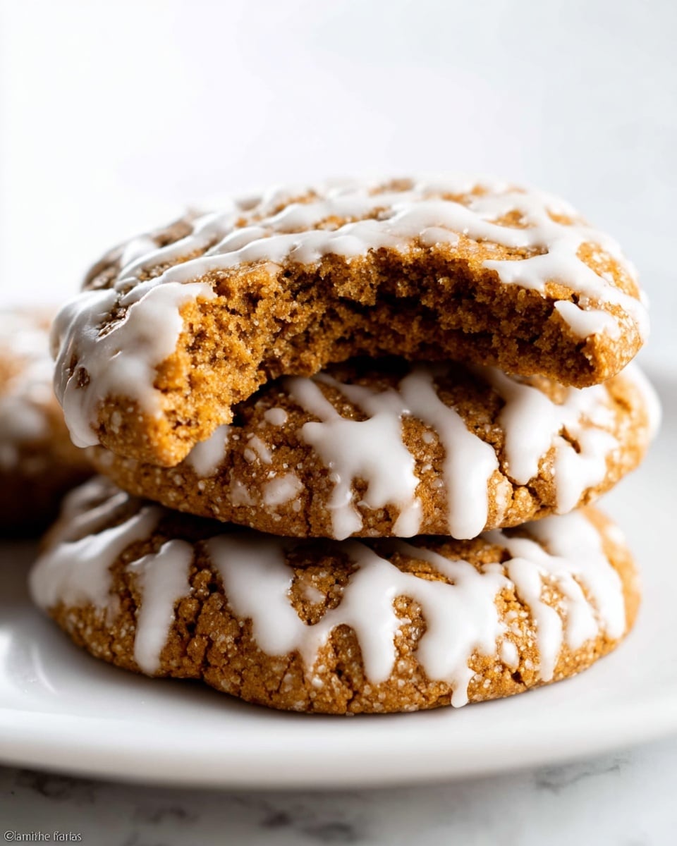 The image shows a stack of three round ginger cookies on a white plate set on a white marbled surface. Each cookie is a warm brown color with a slightly rough texture and has a light drizzle of white icing spread unevenly over the tops, creating a contrast of smooth and textured surfaces. The top cookie is broken in half, showing a moist, crumbly inside with the white icing on the exposed edges. The cookies are closely stacked, with the layers clearly visible from the side. Photo taken with an iphone --ar 4:5 --v 7