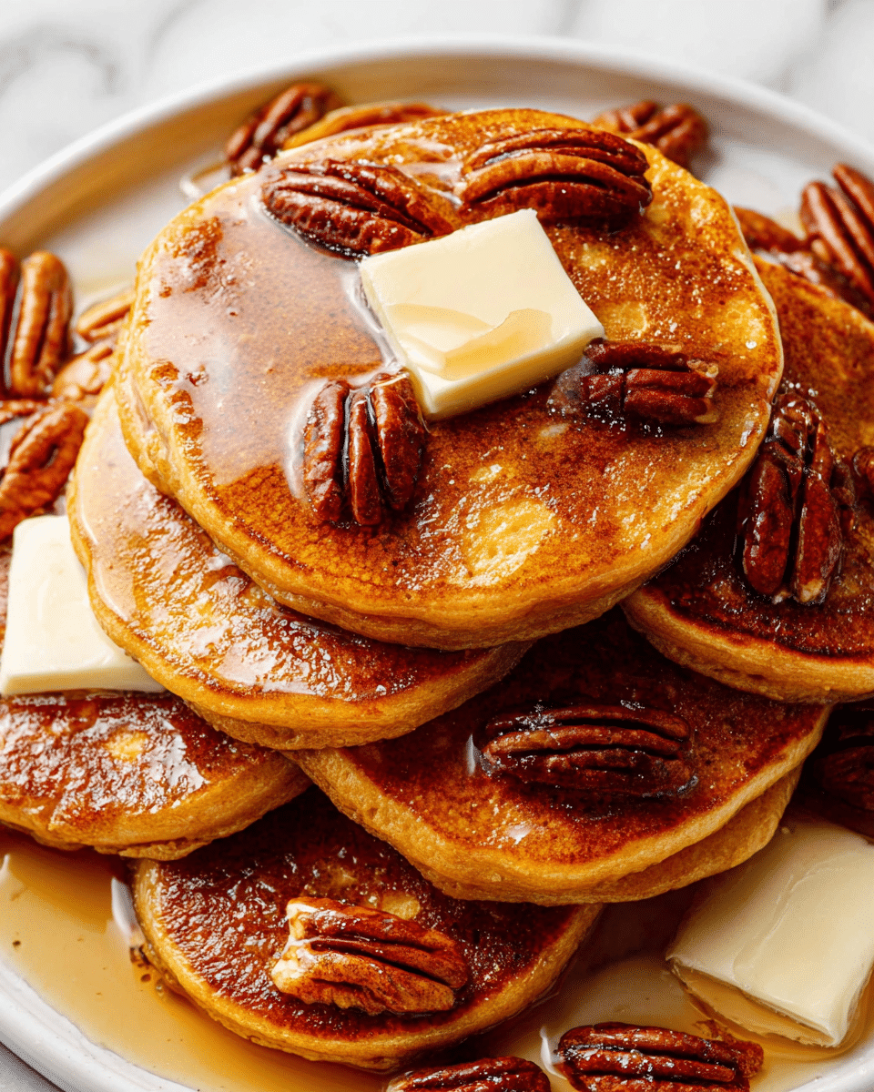 A stack of seven golden-brown pancakes with a soft texture is placed on a white plate. Three square pats of melting pale yellow butter sit on top and around the pancakes. Dark, glossy syrup is poured all over, pooling slightly on the white plate, giving a shiny, sticky look. Scattered throughout and on top of the pancakes are whole pecan nuts, deep brown with a slightly oily shine. The plate rests on a white marbled surface. photo taken with an iphone --ar 4:5 --v 7