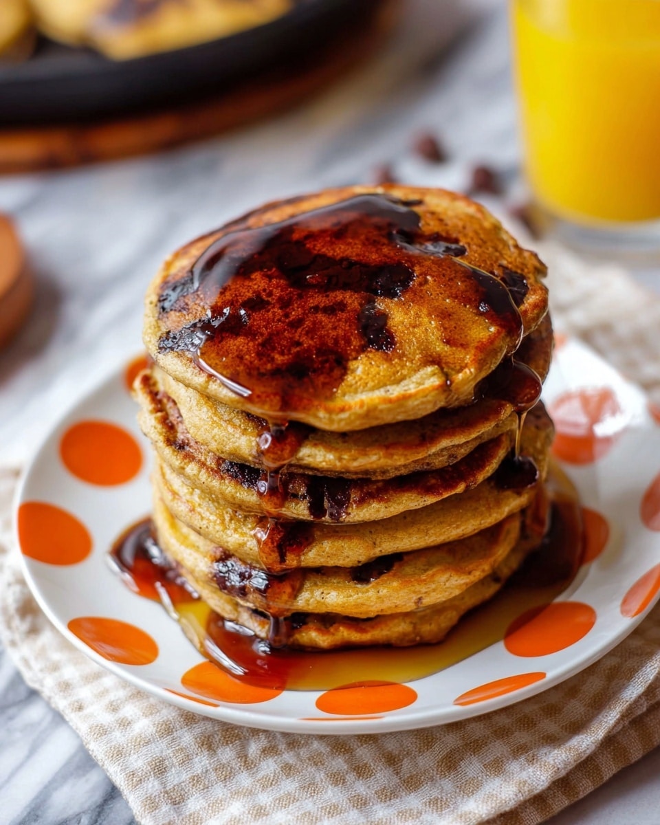 A stack of five thick, golden-brown pancakes sits in the center of a white plate with big orange polka dots. Each pancake has a slightly uneven edge and visible dark chocolate chips inside, giving a rich texture. Dark amber syrup is generously poured slowly over the top pancake, dripping down the sides, creating shiny, sticky streaks. The plate rests on a soft white and beige checkered cloth on a white marbled surface, with a blurred glass of orange juice and a skillet in the background. photo taken with an iphone --ar 4:5 --v 7