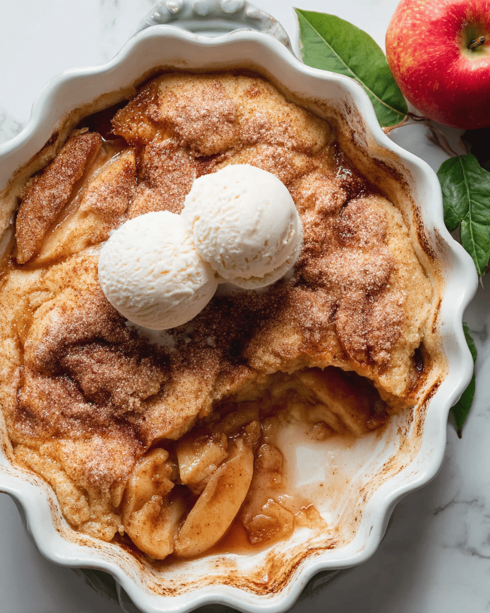 The image shows a white scalloped ceramic dish with an apple cobbler inside. The cobbler has a golden-brown baked crust layer on top with a slightly rough texture and a dusting of cinnamon sugar. Under the crust, there are soft, cooked apple slices with a caramelized amber color visible where a portion of the cobbler has been scooped out. On top of the crust, there are two small scoops of vanilla ice cream that are creamy white and smooth, beginning to melt slightly onto the cobbler. The dish rests on a white marbled surface with a red apple and green leaves placed nearby for decoration. Photo taken with an iphone --ar 4:5 --v 7