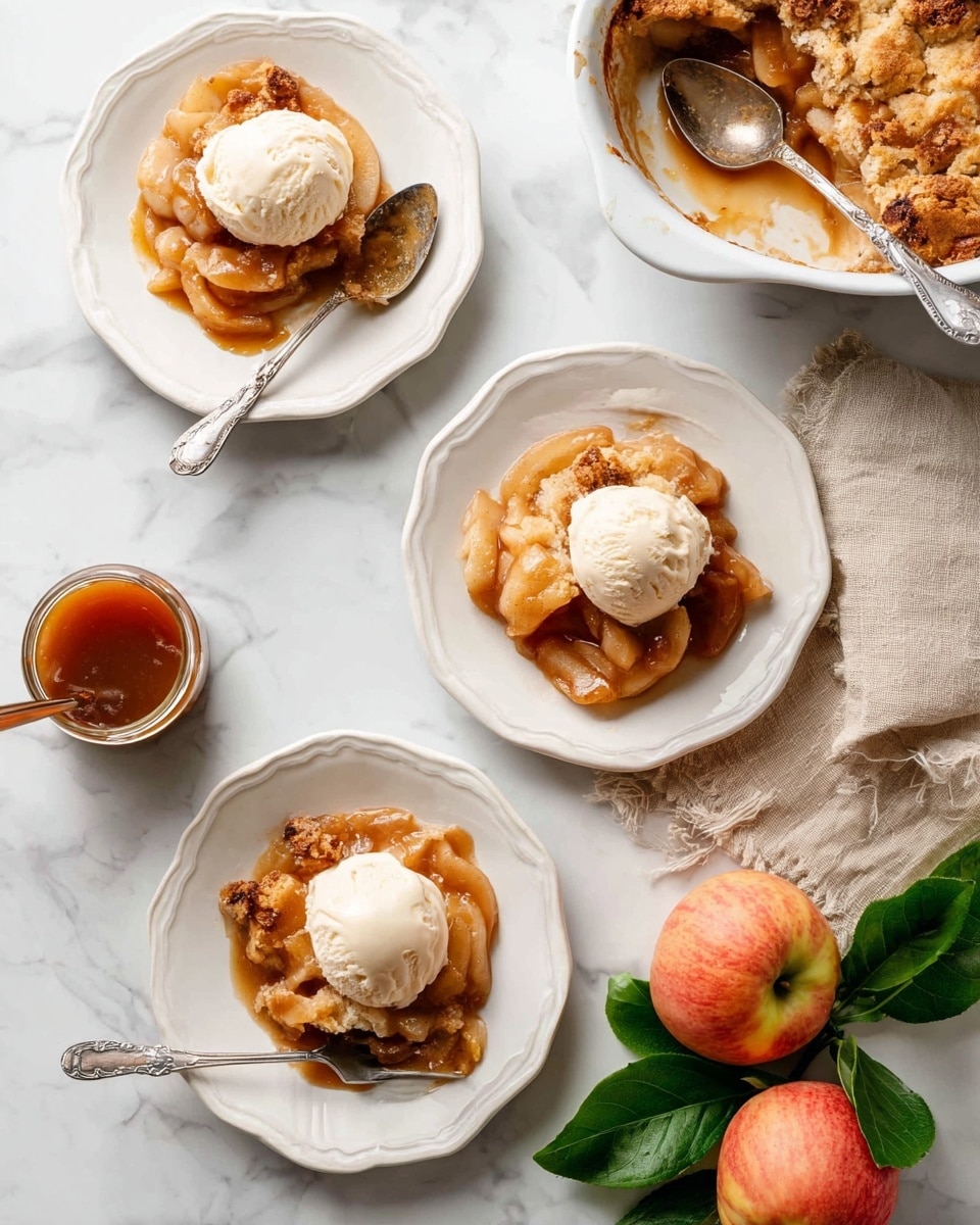 The image shows three servings of apple cobbler on white plates with scalloped edges, each topped with a scoop of melting vanilla ice cream. The cobbler has visible layers: a golden-brown crust on top, a thick layer of cooked apple slices with a soft, syrupy texture below, and some crumbly bits. Each plate has a silver spoon beside or partially resting on the dessert. To the top right, there is a white ceramic baking dish filled with more golden-brown cobbler. An apple with green leaves and a beige cloth napkin are placed next to the plates on a white marbled surface. Near the bottom left is a jar of caramel sauce with a spoon inside. photo taken with an iphone --ar 4:5 --v 7
