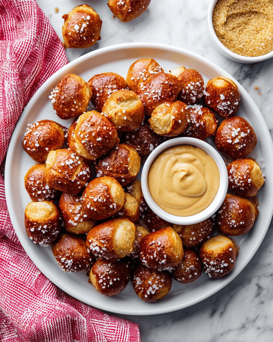 The image shows a white round plate filled with many small, golden-brown pretzel bites sprinkled with coarse salt. Each bite has a slightly shiny, textured surface with some cracks showing the soft, fluffy inside. In the center of the plate is a small white bowl filled with creamy, light tan dipping sauce, smooth and slightly thick. The plate sits on a white marbled surface, with a small white dish holding grainy mustard nearby on the right. There is a red and white checkered cloth folded partially visible at the top left, with two pretzel bites placed on it. Photo taken with an iphone --ar 4:5 --v 7