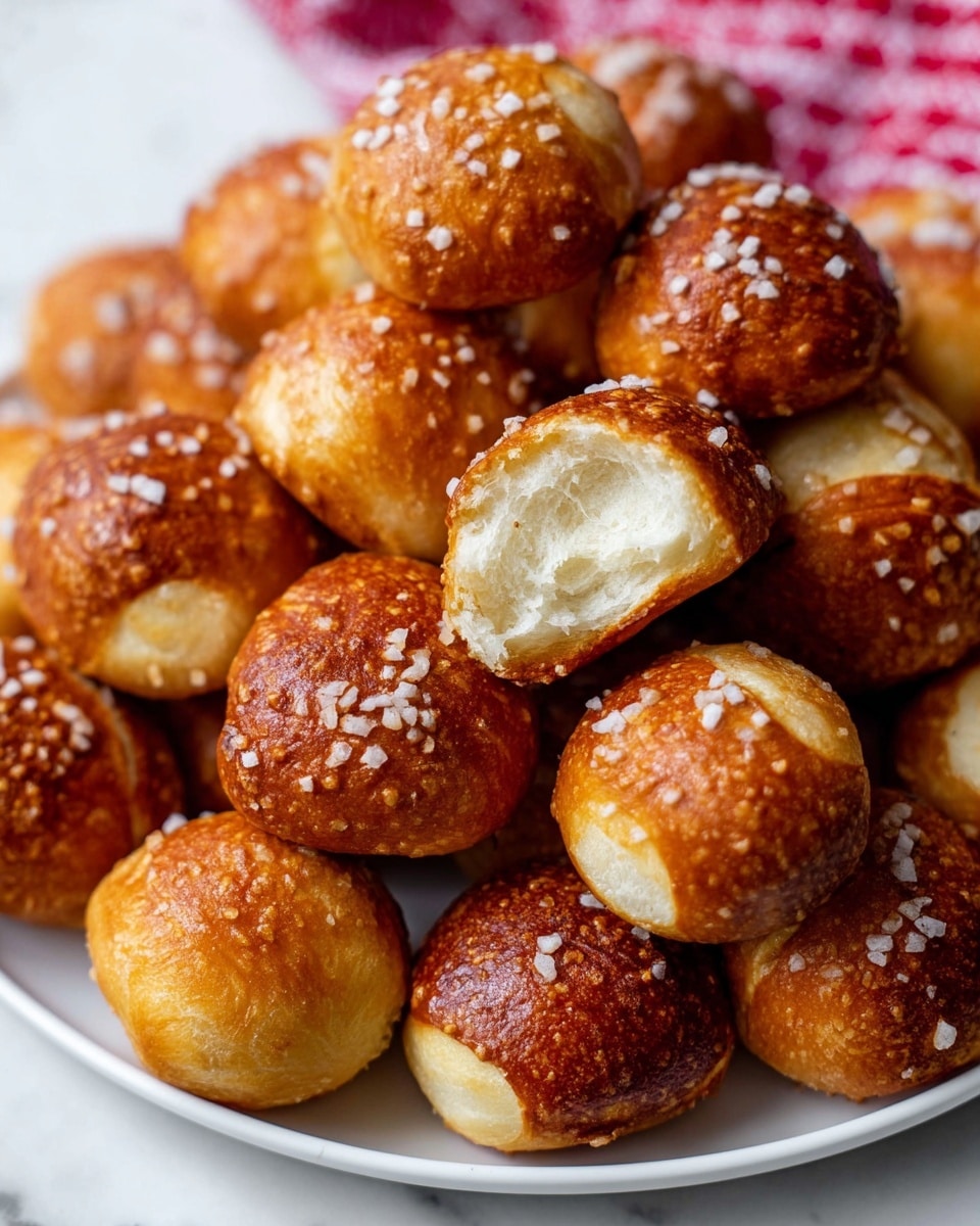 A close-up view of a white plate filled with many small, round pretzel bites that have a rich golden-brown crust topped with coarse salt crystals. The pretzel bites show different shades of brown where some areas look darker and toasted while others have lighter patches of dough visible underneath. One pretzel bite is broken open near the top right, revealing a soft and fluffy white inside. The plate sits on a white marbled surface with a faint red and white checkered cloth partially visible in the background. photo taken with an iphone --ar 4:5 --v 7