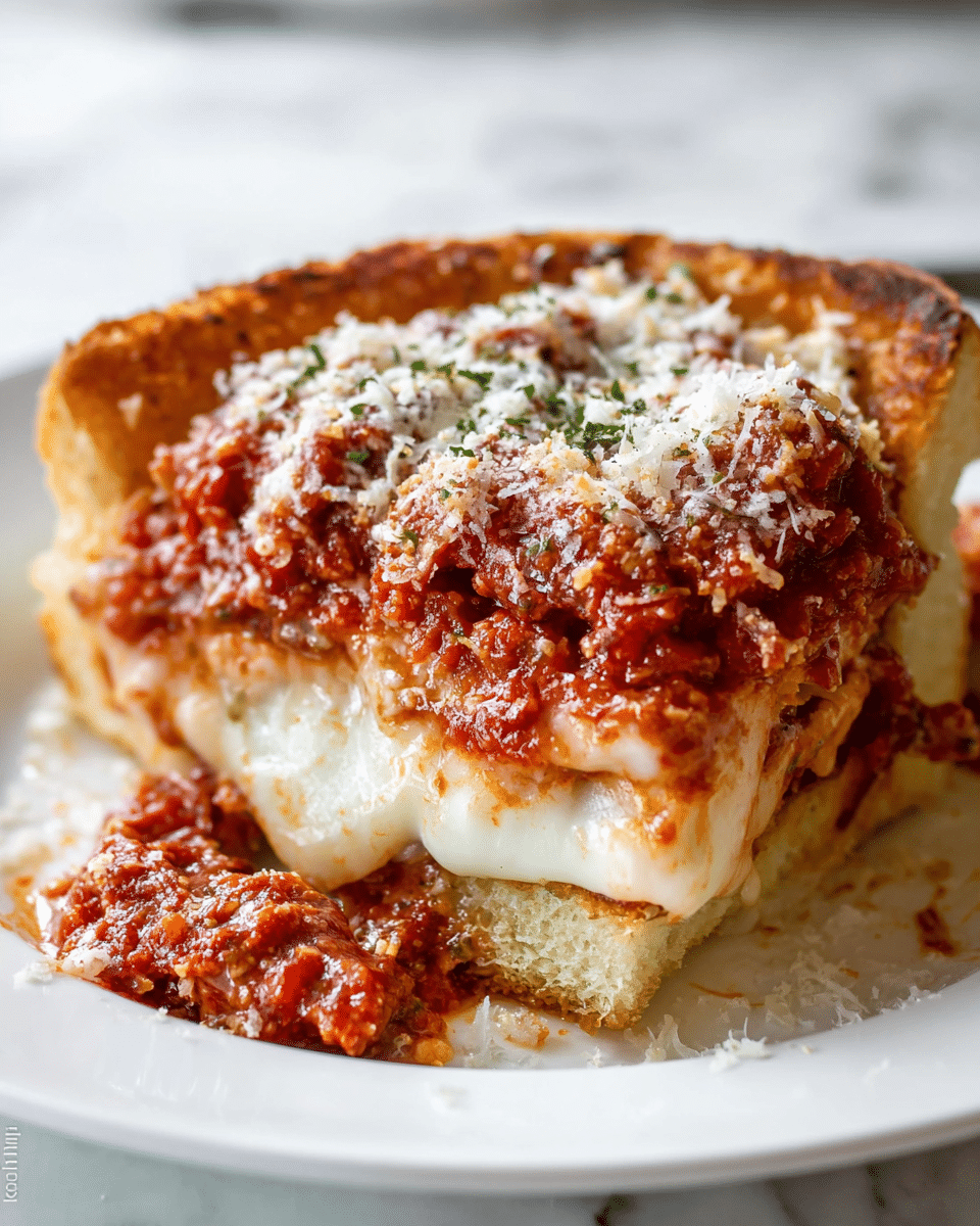A close-up of a sandwich with a thick golden-brown crust on top, revealing three visible layers inside: a bottom layer of light beige bread, a middle layer of gooey melted white cheese, and a thick top layer of chunky red tomato meat sauce sprinkled with grated cheese, all resting on a white plate with a white marbled texture underneath. photo taken with an iphone --ar 4:5 --v 7