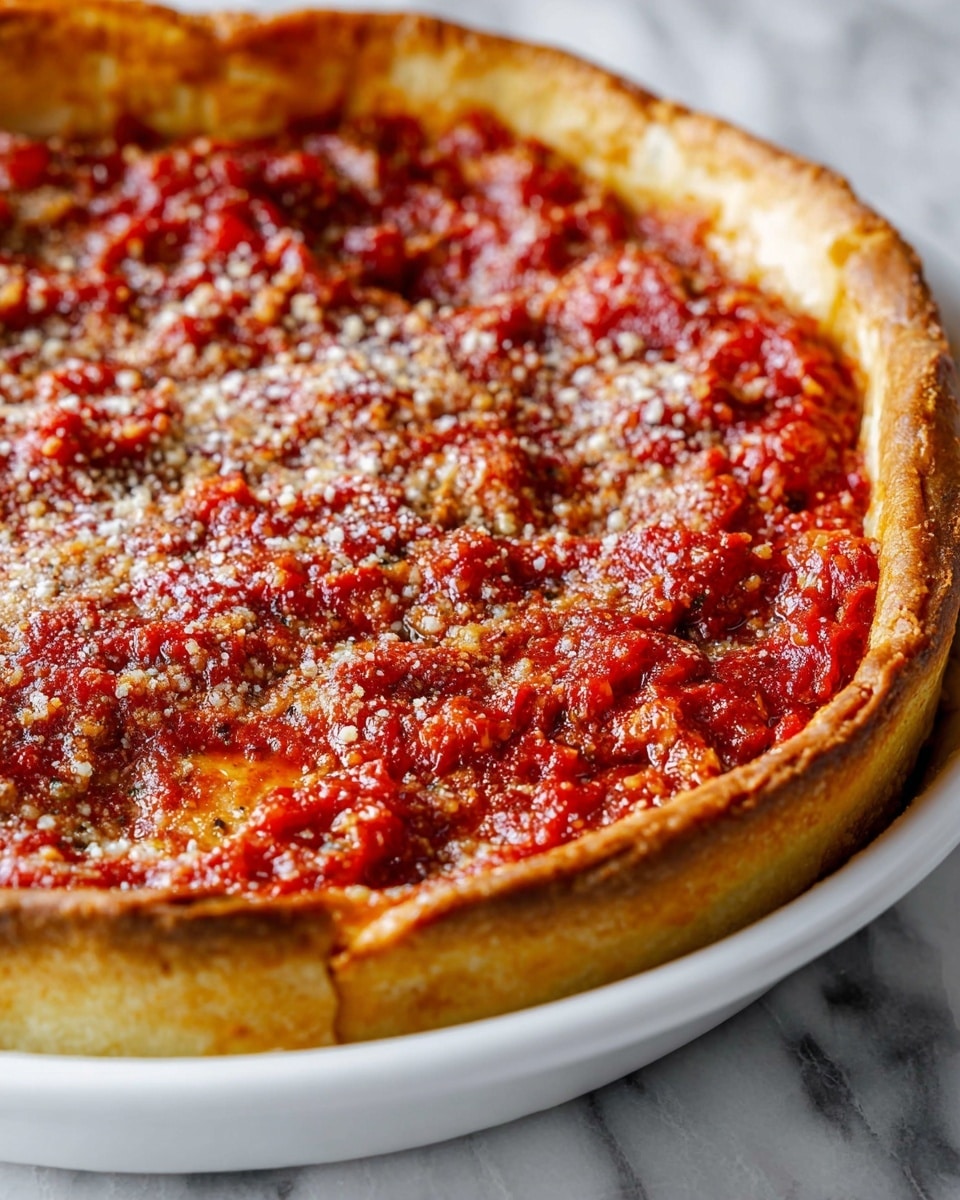 A close-up of a deep-dish pizza in a white bowl, showing a thick golden-brown crust at the edges, followed by a dense layer of chunky red tomato sauce spread on top. The sauce is textured with bits of tomato and sprinkled evenly with finely grated cheese, giving it a slightly grainy look. The thick sauce layer appears rich and moist, filling the bowl nearly to the top with the crust forming a raised border around it. The bowl sits on a white marbled surface. photo taken with an iphone --ar 4:5 --v 7