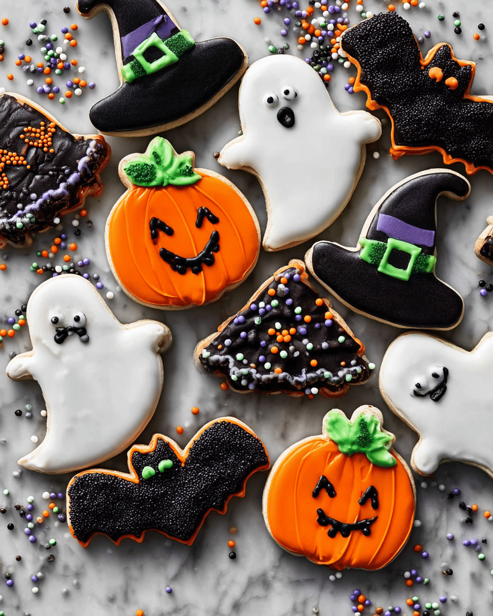 A group of Halloween-themed cookies laid out on a white marbled surface, showing four different shapes: bright orange pumpkins with green leaves and black jack-o'-lantern faces, white ghosts with two small black eyes, black bats with small white eyes and chocolate sprinkles on their bodies, and black witch hats decorated with green or orange candy beads in striped patterns. The cookies have a smooth icing layer on top with clear, colorful details giving each shape a lively and fun look. Rainbow sprinkles in purple, green, black, white, and orange are scattered around the cookies, adding to the festive feel. photo taken with an iphone --ar 4:5 --v 7