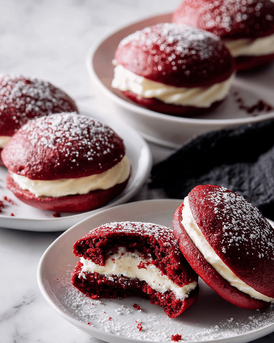 The image shows four red velvet whoopie pies on two white plates. Each whoopie pie has two deep red-brown cake layers with a soft, slightly crumbly texture, sandwiched around a thick middle layer of creamy white filling. One whoopie pie on the front plate is broken in half, revealing the rich red inside and creamy filling clearly. The tops of the cakes are sprinkled lightly with powdered sugar. The scene is set on a white marbled surface, with soft natural light highlighting the textures and colors. photo taken with an iphone --ar 4:5 --v 7