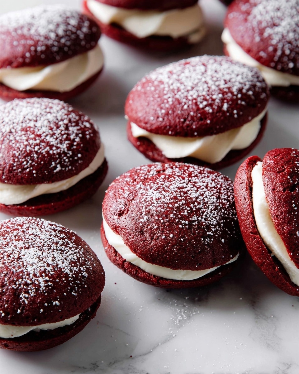 The image shows multiple red velvet whoopie pies arranged on a white marbled surface. Each whoopie pie has two deep red, round, soft cake layers with a smooth, creamy white filling sandwiched between them. The top cake layers are lightly dusted with white powdered sugar, adding texture and contrast to the rich red color. The whoopie pies are close together, filling most of the frame, showing their soft, slightly domed shape and the thick layer of filling inside. photo taken with an iphone --ar 4:5 --v 7