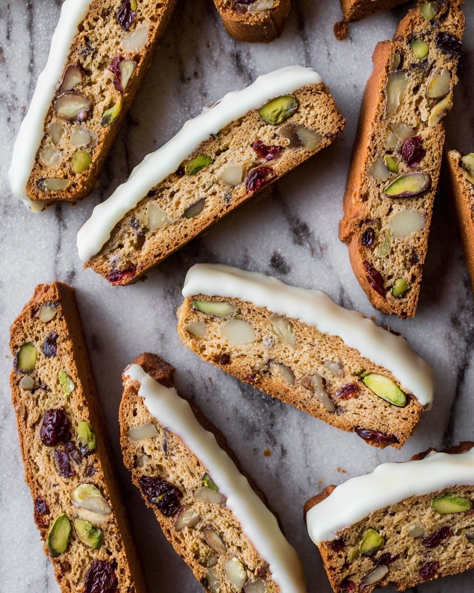 The image shows several golden-brown biscotti with a rough texture, filled with visible nuts and dried fruits like cranberries and pistachios, arranged on a white marbled surface. Each biscotti has a thick layer of white icing applied along one long edge, creating a smooth and creamy contrast to the crunchy, crumbly base. The biscotti are placed in various positions, some showing the flat icing side up, and others revealing the uneven, nut-studded top with cracks and chunks. Photo taken with an iphone --ar 4:5 --v 7