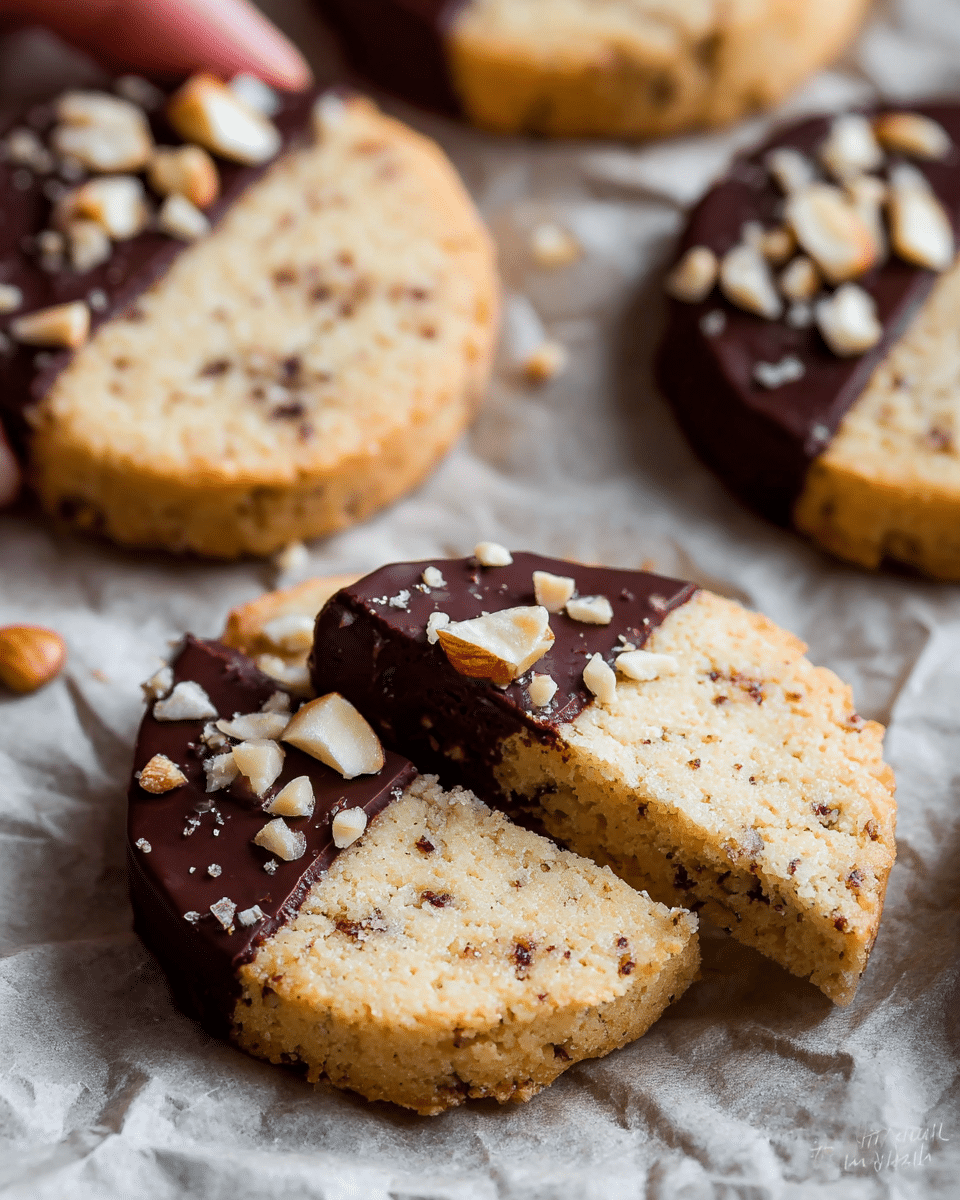 The image shows several round shortbread cookies that are half dipped in smooth, shiny dark chocolate. The cookies have a light golden color with small nut pieces visible inside, giving a slightly rough texture. The chocolate-dipped half of each cookie is topped with small, light-colored chopped nuts. The cookies are placed on crinkled parchment paper over a white marbled surface, and a woman's hand holding one cookie is partially visible in the background. Photo taken with an iphone --ar 4:5 --v 7