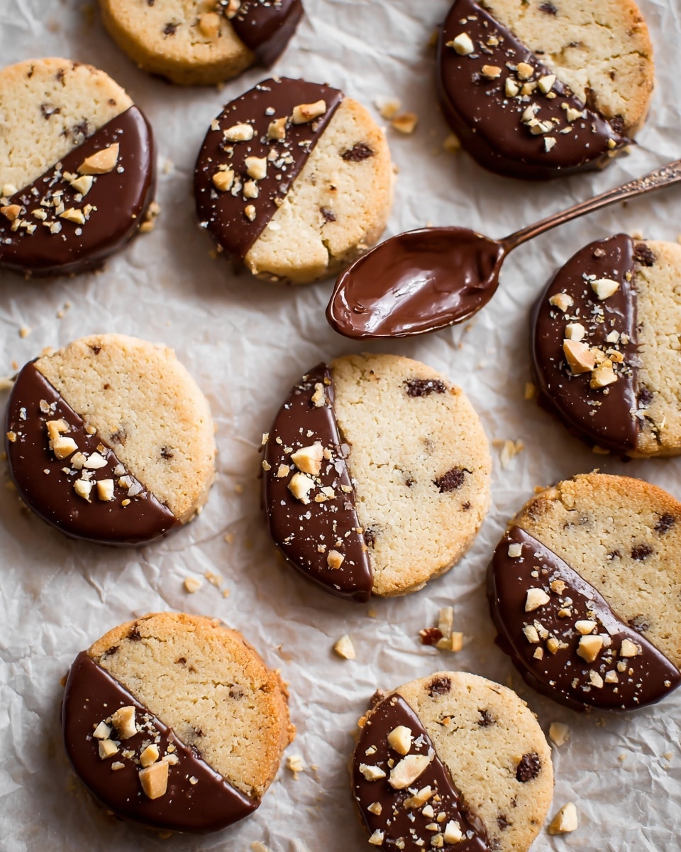 The image shows several round shortbread cookies placed on a sheet of crumpled parchment paper over a white marbled surface. Each cookie has a light golden-brown color with small dark specks inside and is partially dipped in smooth, dark chocolate on one side. On top of the chocolate layer, there are small pieces of crushed nuts, adding a rough texture and light cream and brown colors. A smooth, brown spoon with some melted chocolate on it rests near the cookies. The cookies are arranged in a loose grid pattern. photo taken with an iphone --ar 4:5 --v 7