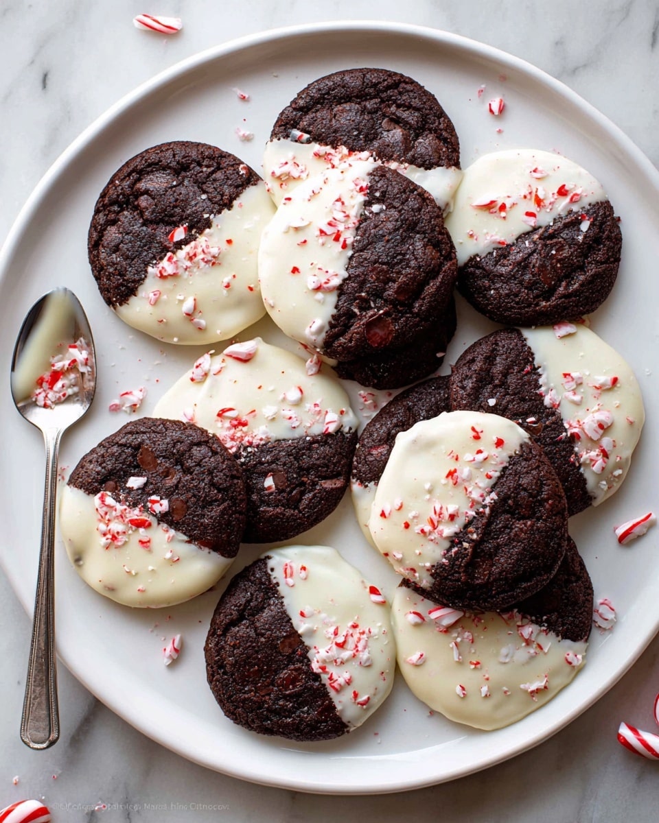 A white plate filled with round chocolate cookies, some of which are dipped halfway in smooth white chocolate on their top halves, sprinkled with small red-and-white crushed peppermint candy pieces. The cookies have a dark, rich color and a slightly cracked texture. A silver spoon with white chocolate rests on the plate's edge. Candy pieces are scattered lightly around the cookies on the plate, which is placed on a white marbled surface. Photo taken with an iphone --ar 4:5 --v 7