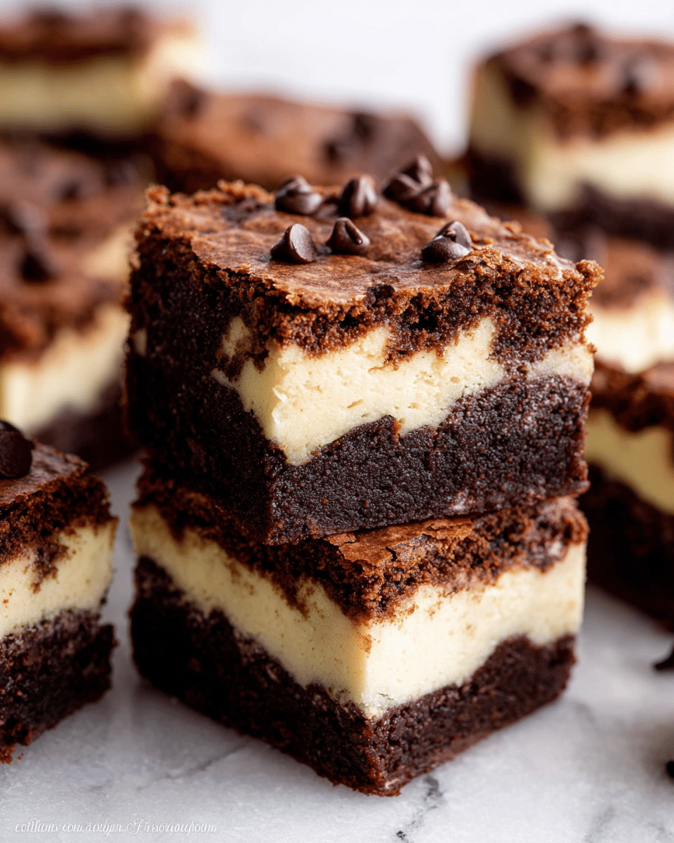 A close-up of double-layer brownies arranged on a white marbled surface, each square showing three clear layers: a dense, dark brown bottom layer with a rich chocolate texture, a smooth, creamy light beige middle cheesecake layer, and a dark brown top layer with a slightly cracked surface sprinkled with small, glossy chocolate chips, stacked with one brownie piece placed on top of another in the center and other pieces blurred in the background, all looking moist and freshly baked, photo taken with an iphone --ar 4:5 --v 7