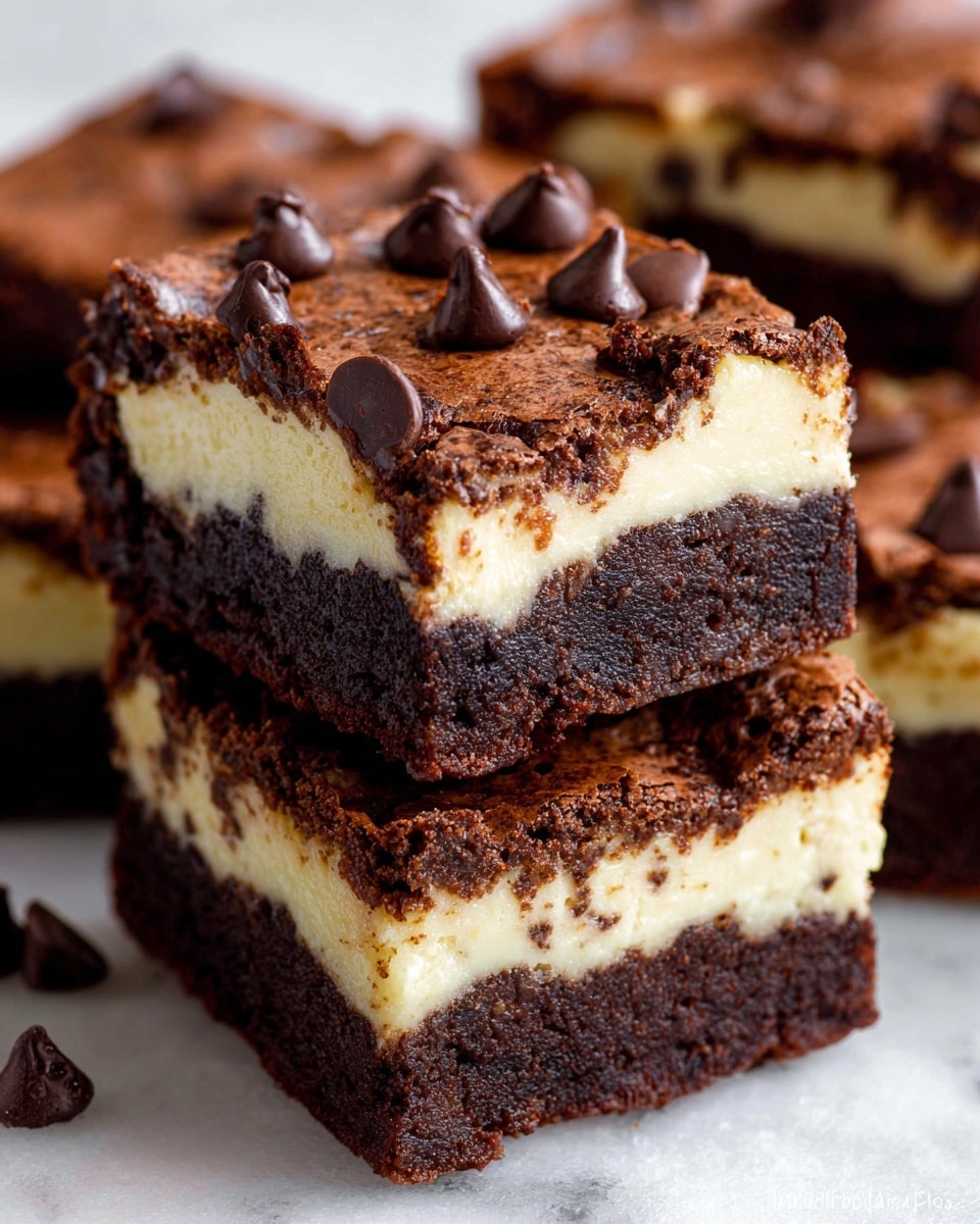 The image shows chocolate cheesecake brownies stacked closely together on a white marbled surface. Each brownie has three distinct layers: a rich, dark brown chocolate base with a dense texture, a thick middle layer of creamy, pale cheesecake with a smooth surface, and a top layer of cracked, slightly rough chocolate with scattered glossy dark chocolate chips. The brownies have clean square cuts, and the focus is on the front brownie, showing clear details of the layers and chocolate chips. Photo taken with an iphone --ar 4:5 --v 7