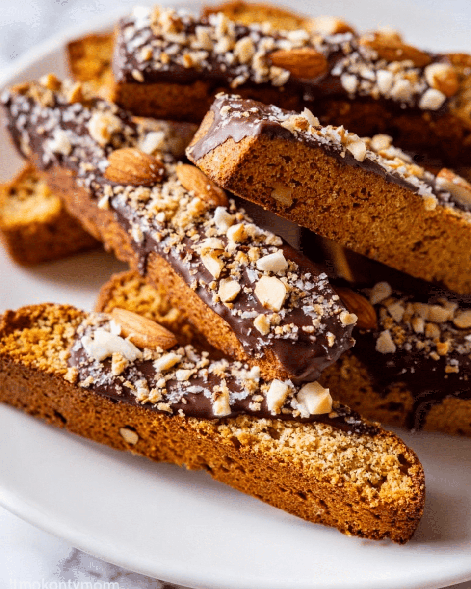 The image shows a close-up of several golden brown biscotti stacked irregularly on a white plate. Each biscotti is half-dipped in dark chocolate and sprinkled with small pieces of chopped nuts, giving a crunchy texture contrast. The biscotti have a rough, crumbly surface with visible almond slices embedded inside. The white plate rests on a white marbled background, adding a clean and bright look to the scene. The light highlights the crunchy texture and shine of the chocolate coating. photo taken with an iphone --ar 4:5 --v 7
