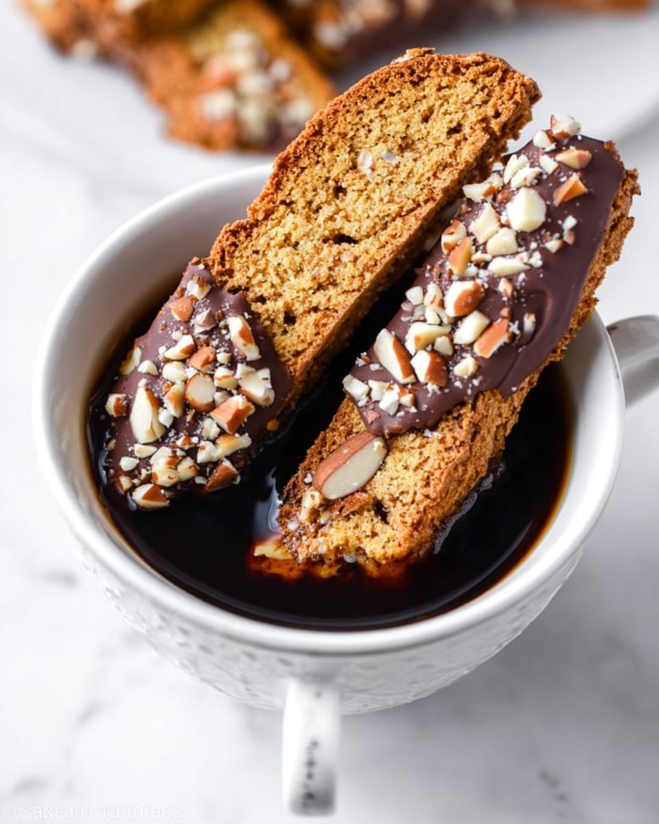The image shows two pieces of biscotti resting on the edge of a white cup filled with dark coffee, placed on a white marbled surface. Each biscotti is long and slightly curved with a rough, crumbly texture and visible almond slices embedded inside the golden-brown biscuit. The ends of the biscotti are dipped in smooth dark chocolate coated with chopped nuts, adding a crunchy layer on top. The coffee inside the cup is glossy and almost black, contrasting with the lighter biscotti and white cup. Photo taken with an iphone --ar 4:5 --v 7