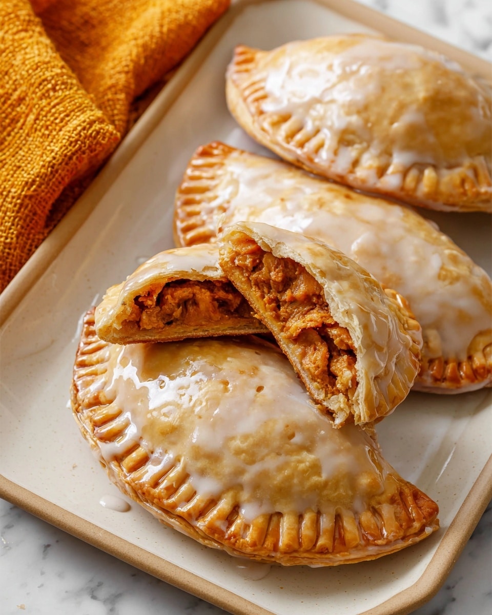 The image shows three glazed turnovers on a white rectangular plate with a beige rim, placed on a white marbled surface. Two turnovers are whole, with a shiny light golden-brown crust covered in a translucent white glaze, showing crimped edges with slight browning. The third turnover is cut in half and placed on top, revealing a thick, soft, orange-brown filling inside flaky, layered pastry with a light golden color. A textured yellow-orange cloth is partially visible in the top left corner. Photo taken with an iphone --ar 4:5 --v 7