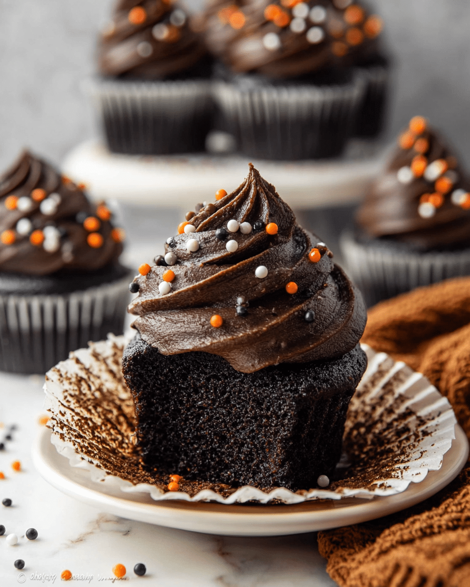 A close-up view of a chocolate cupcake with dense, dark brown cake base topped with a tall swirl of dark chocolate frosting. The frosting has a smooth, creamy texture and is decorated with small round sprinkles in white, orange, and black. The cupcake liner is partially peeled back, revealing the moist cake inside, and it sits on a small white plate with a crumpled paper liner underneath. In the blurred background, there are several similar cupcakes standing upright. The surface beneath the plate is a white marbled texture, with some scattered sprinkles and a brown knitted cloth nearby. photo taken with an iphone --ar 4:5 --v 7